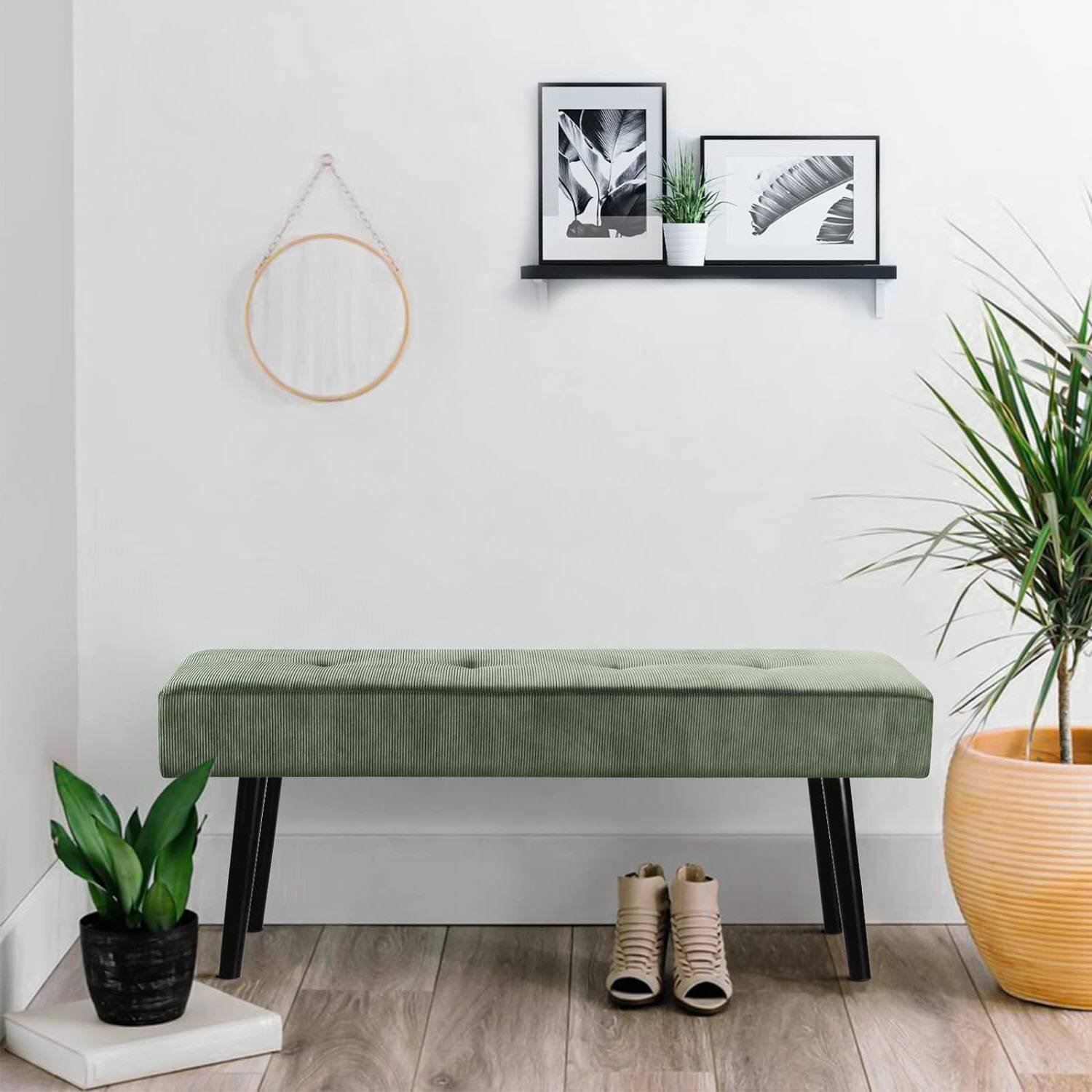 Left. Hivvago - Mid-Century Corduroy Upholstered End of Bed Bench with Metal Legs - Green.