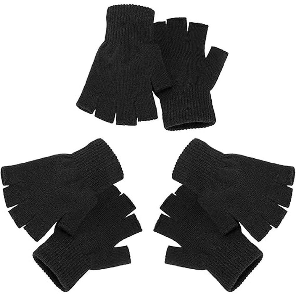 Front. THIRSTY TURTLE - 3 Pairs Half-Finger Gloves, Fingerless Knit Gloves for Touchscreen, Warm, Soft, Comfortable for Sports and Daily Use - Black.