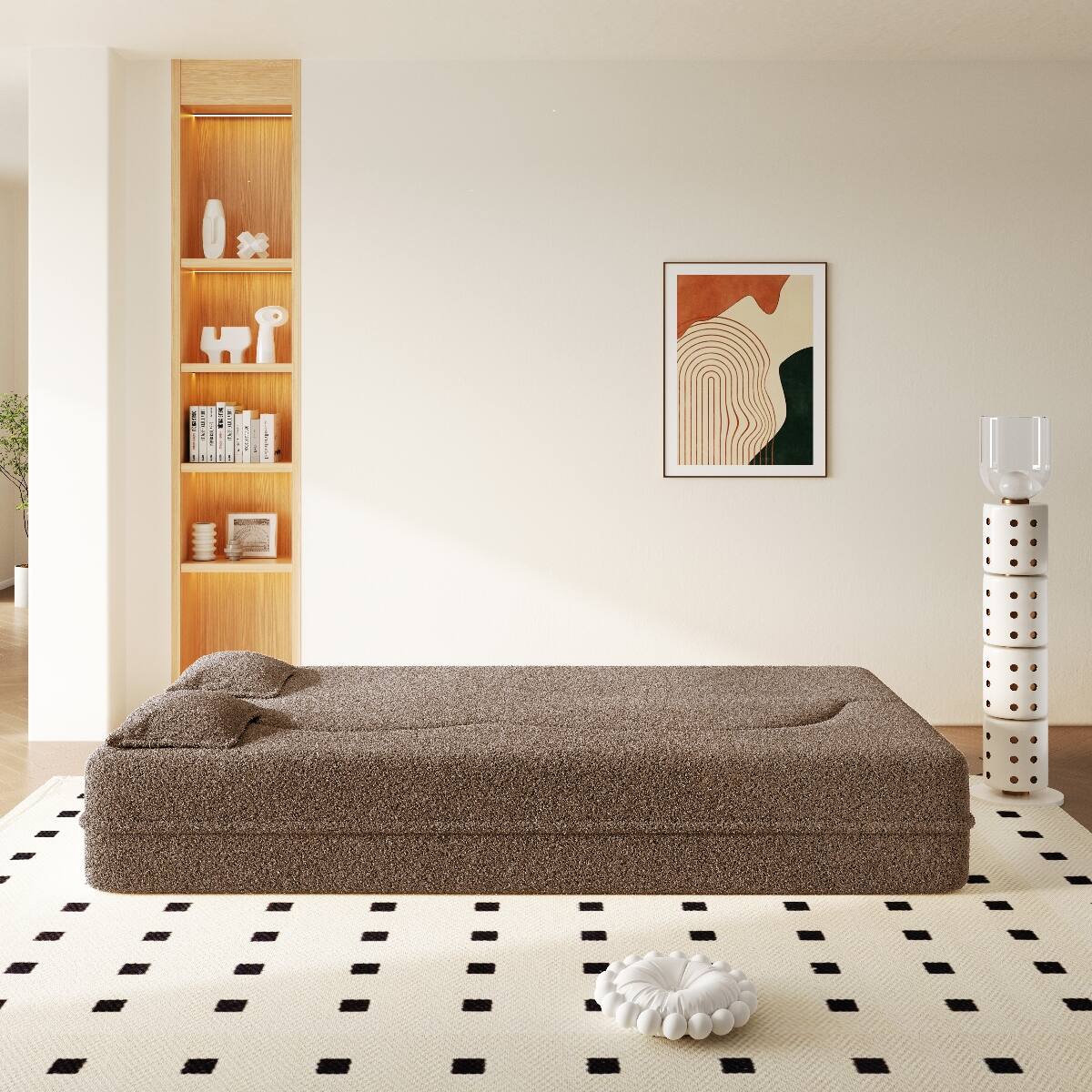 Back. Ropilly - Ropilly Twin Floor Sofa Bed Convertible Folding Sofa Bed in Brown Sherpa Fleece with Pillows No Assembly - Brown.