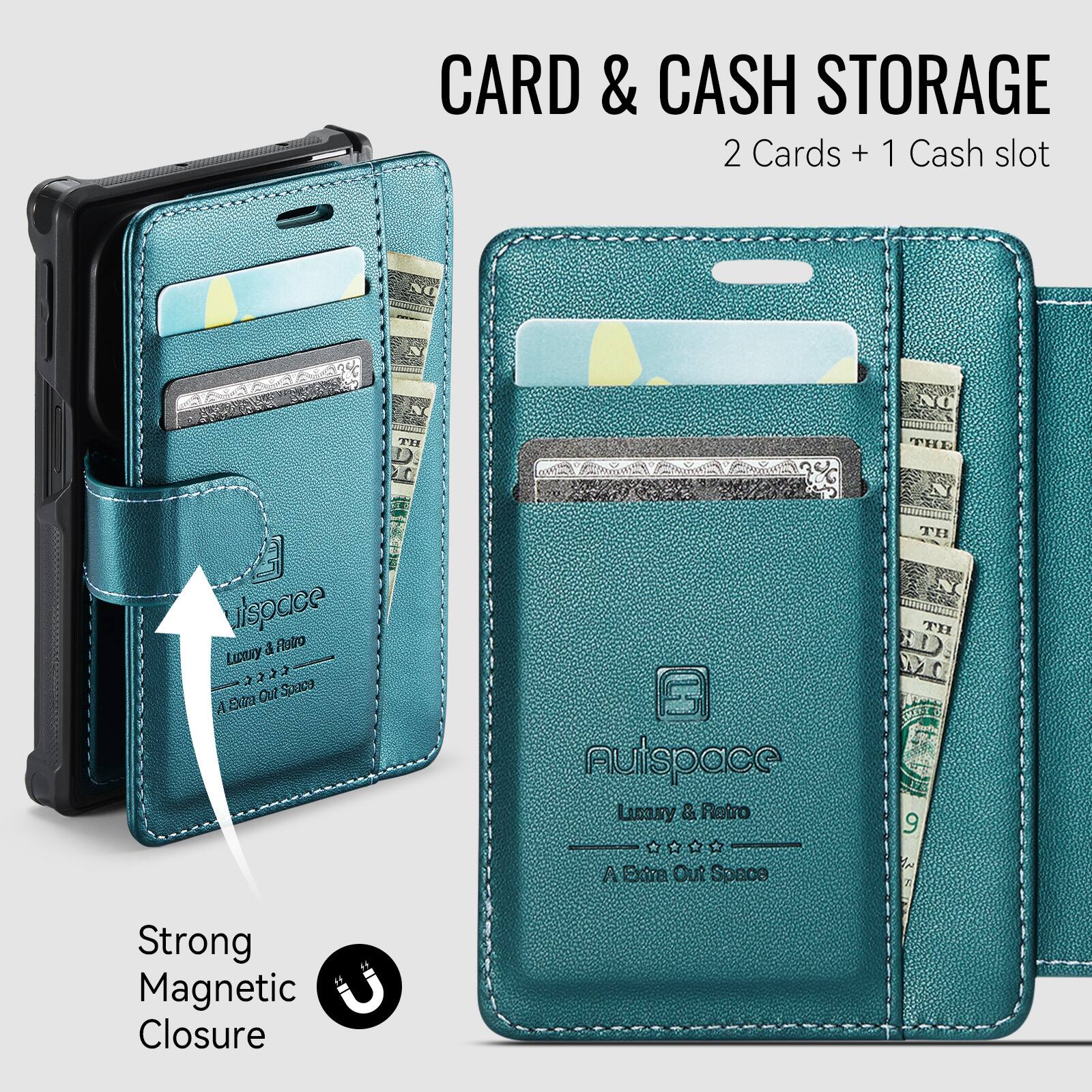 CARD & CASH STORAGE  
2 Cards + 1 Cash slot  

NO  
TH  
THE  

dspace Retro Luxury & Out Space Extra  
Futspace Luxury & Retro  
TH XL TH 110 9  
A Extra Out Space  

Strong Magnetic Closure