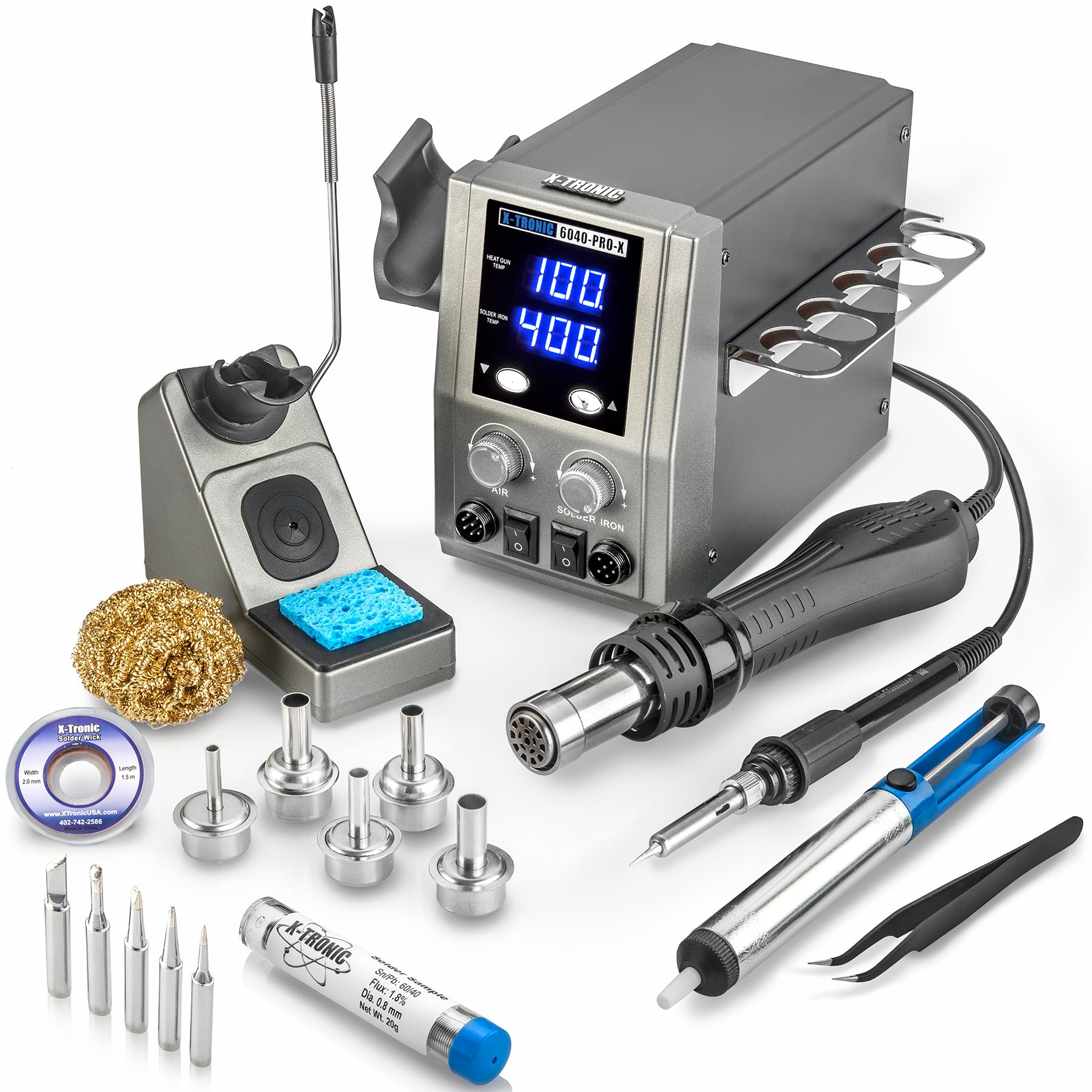 X-Tronic - 6040-PRO-X 700 W Hot Air Rework Soldering Iron Station, 0-30 Min Sleep, Patented Nozzle Changer & More - Platinum/Silver