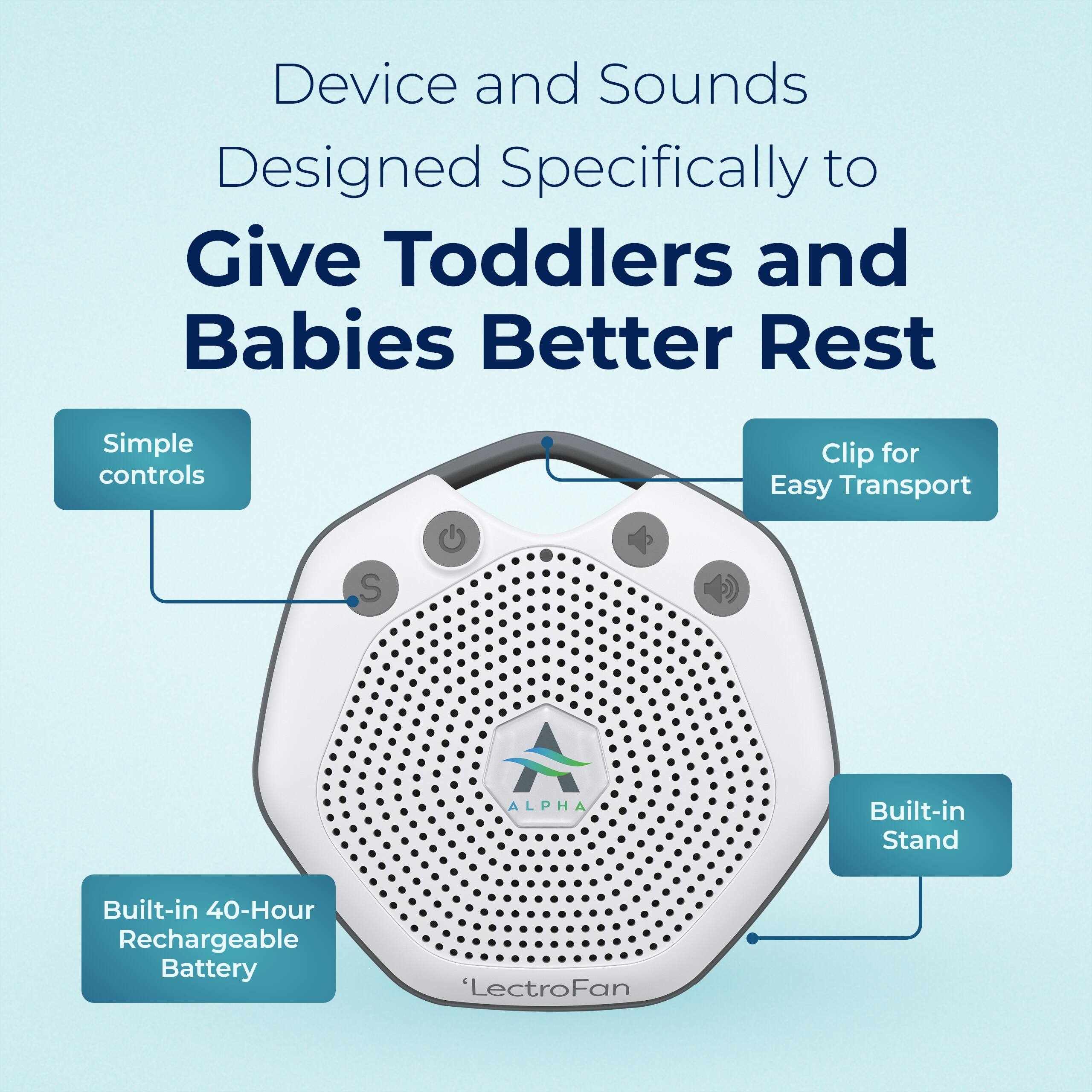 Device and Sounds Designed Specifically to Give Toddlers and Babies Better Rest

- Simple controls
- Clip for Easy Transport
- Built-in 40-Hour Rechargeable Battery
- Built-in Stand

'LectroFan