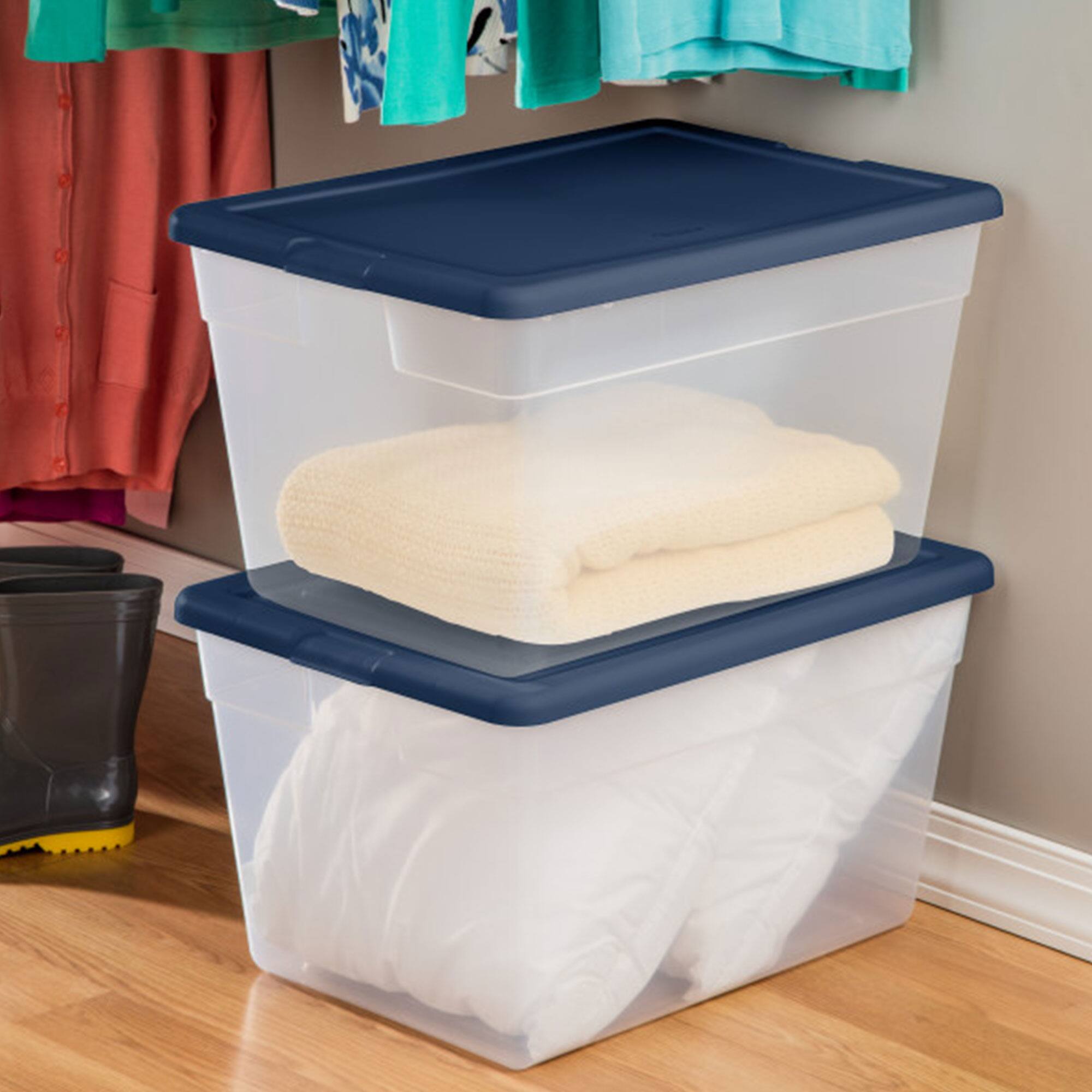 Alt View 3. Sterilite - Sterilite Stackable 56 Quart Storage Tote, Clear with Marine Blue Lid (32 Pack) - Marine Blue.