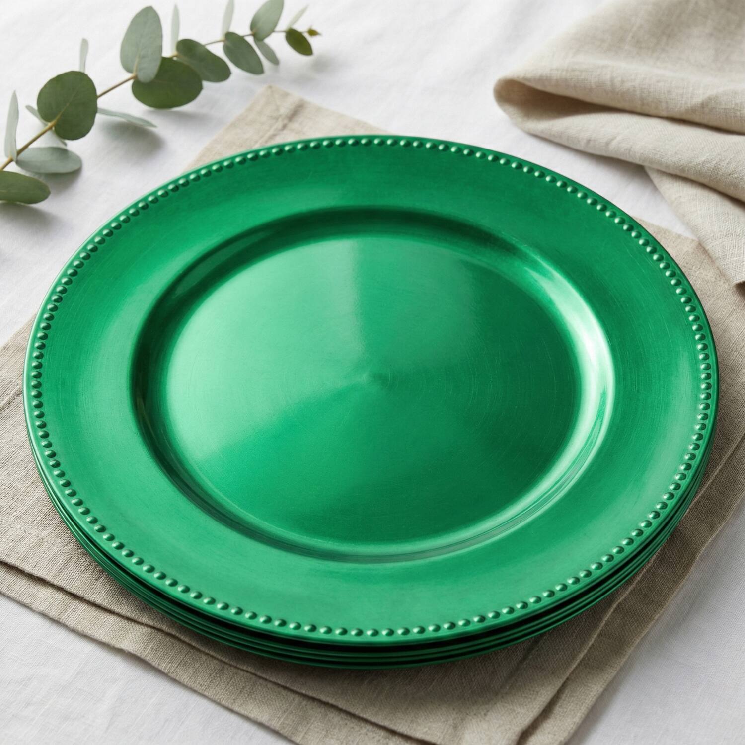 Left. American Atelier - Emerald Green Beaded Charger Plate Set - 12 Pieces - Green.
