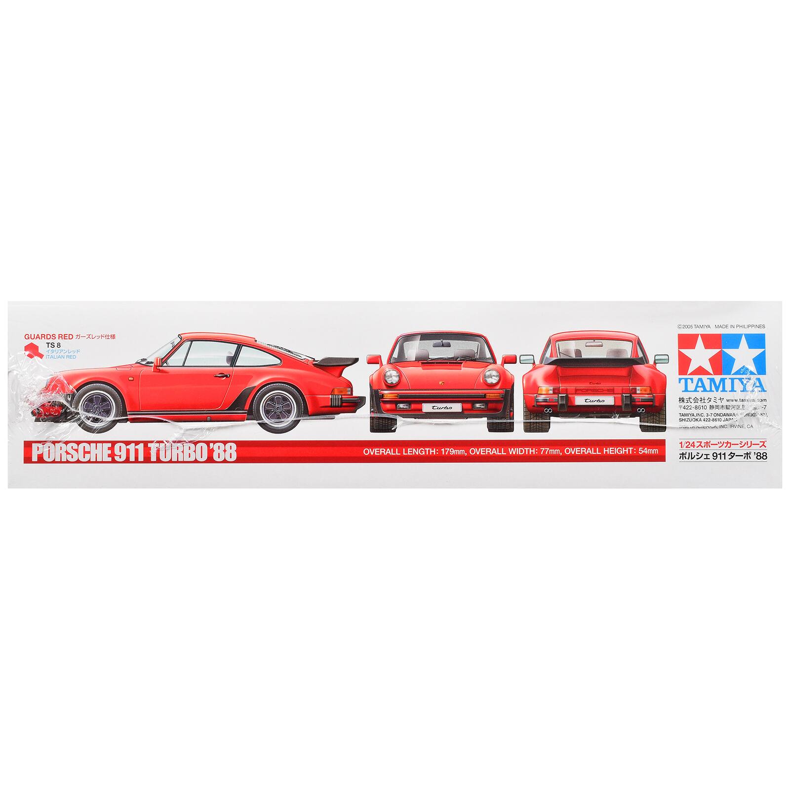 GUARDS RED TS8 ITALIAN RED

2025 XYMAI - a PHUPPINES

Curao
TUM Caras

TAMIYA www.tamiya.com

SAMYALING MONOMINARY se 4% SHIZUOKA 023-88110 no RVRE

PORSCHE 911 TURBO '88

1/24 OVERALL LENGTH: 179mm, OVERALL WIDTH: 77mm, OVERALL HEIGHT: 54mm 911'88