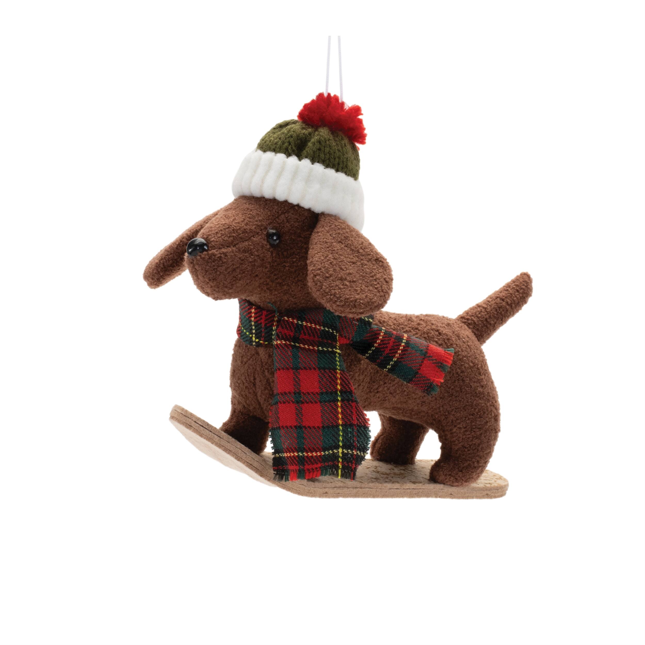 Back. BreeBe - Plush Ski and Snowboard Dog Ornament (Set of 6) - Red, Brown, Beige.
