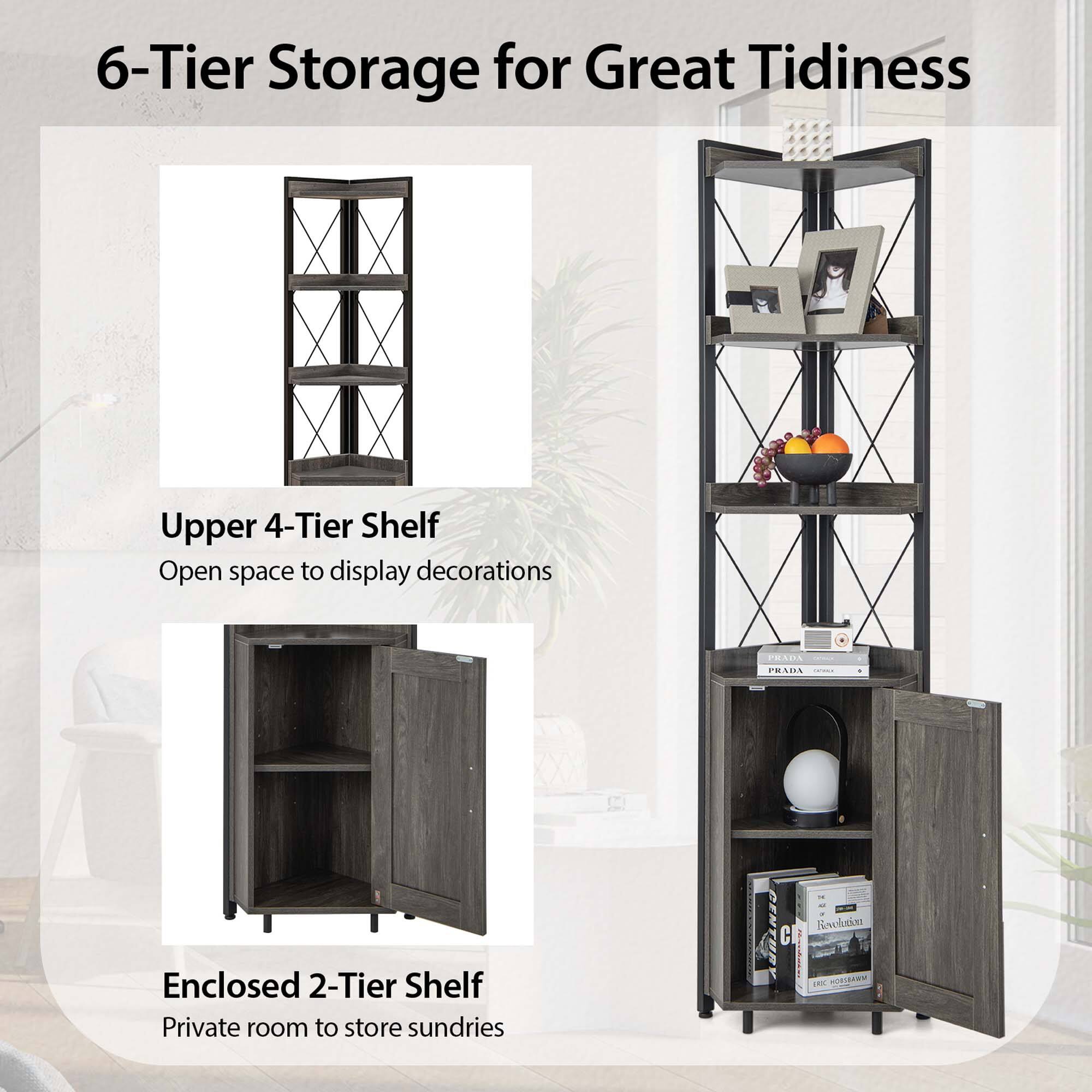 6-Tier Storage for Great Tidiness: Upper 4-Tier Shelf, Open space to display decorations, Enclosed 2-Tier Shelf, Private room to store sundries.