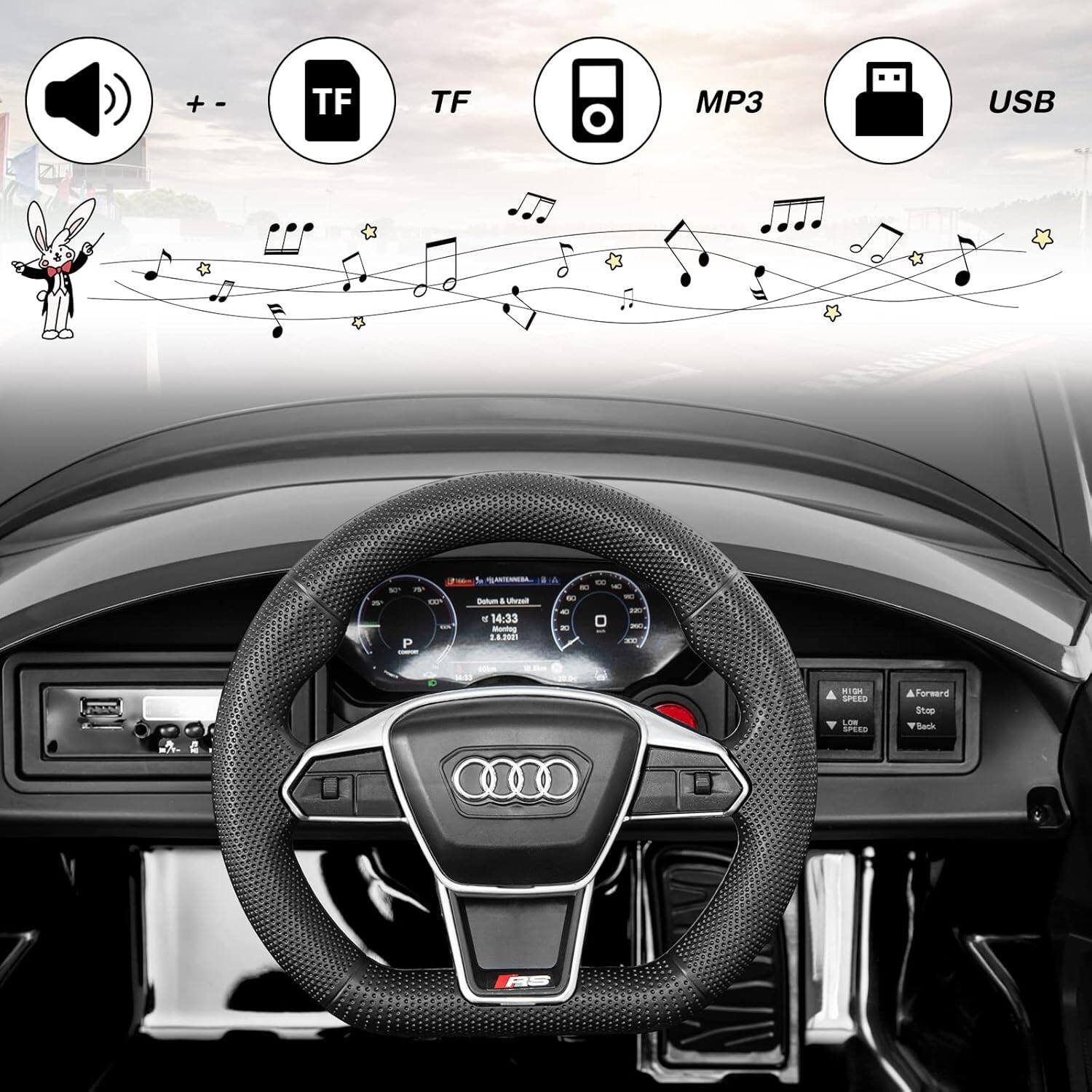 Sure, here is the corrected and grouped text from the image:

- Volume control: + - 
- TF card slots: TF TF
- MP3 icon
- USB icon
- CANERA (Camera)
- 4 Uao (4 Uao)
- W 10" (W 10")
- 14:33
- Mantog a (Mantog a)
- TAM0 P .E O . SPETO LO SPERS
- Forward Stop Back RS

The image also shows a car dashboard with the Audi logo and controls for forward, stop, and back.