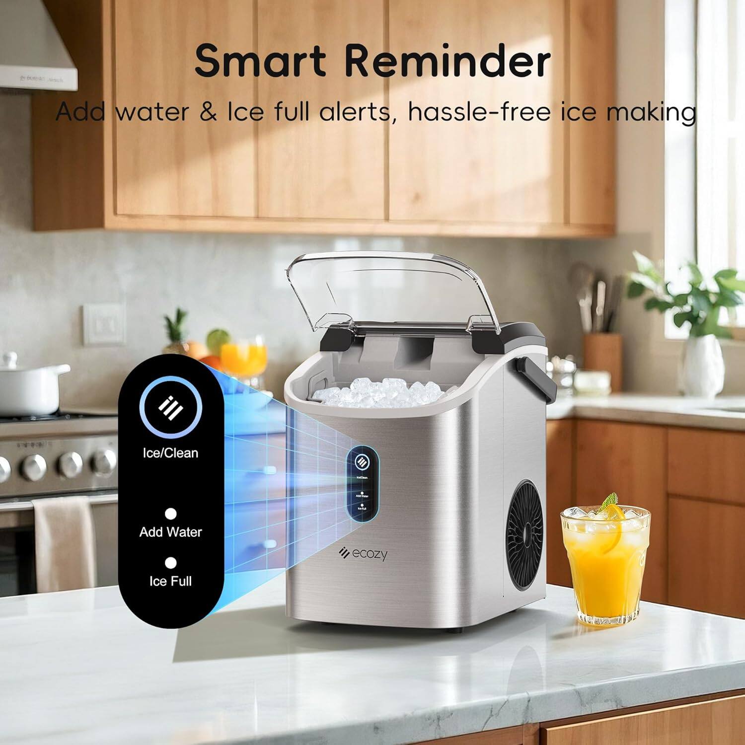 Smart Reminder, Add water & Ice full alerts, hassle-free ice making, Ice/Clean, Add Water, Ice Full