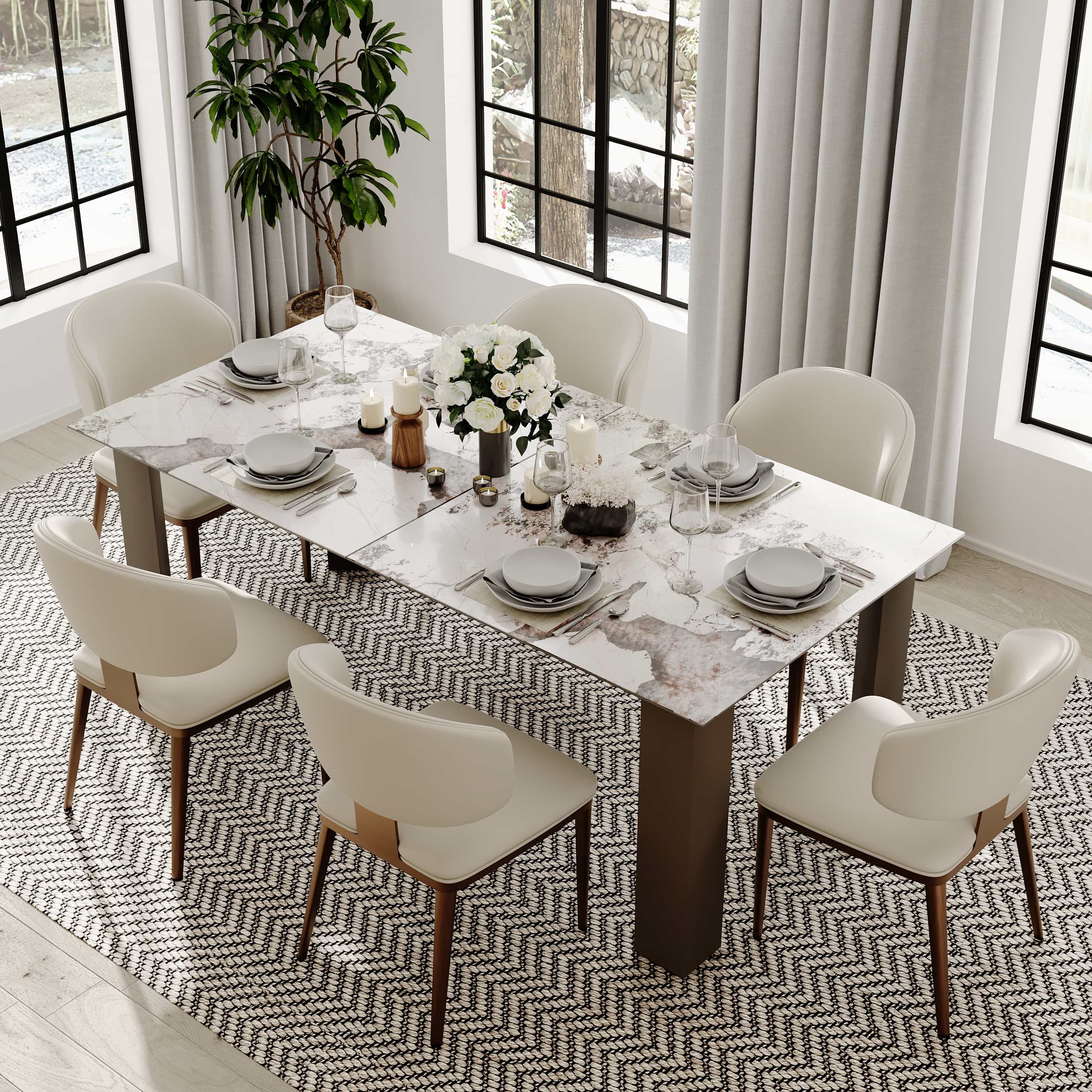 Angle. POVISON - Modern Upholstered Dining Chairs Set of 2, Faux Leather Accent Chairs, Side Chairs with Curved Back, Fully Assembled - Beige & Bronze.