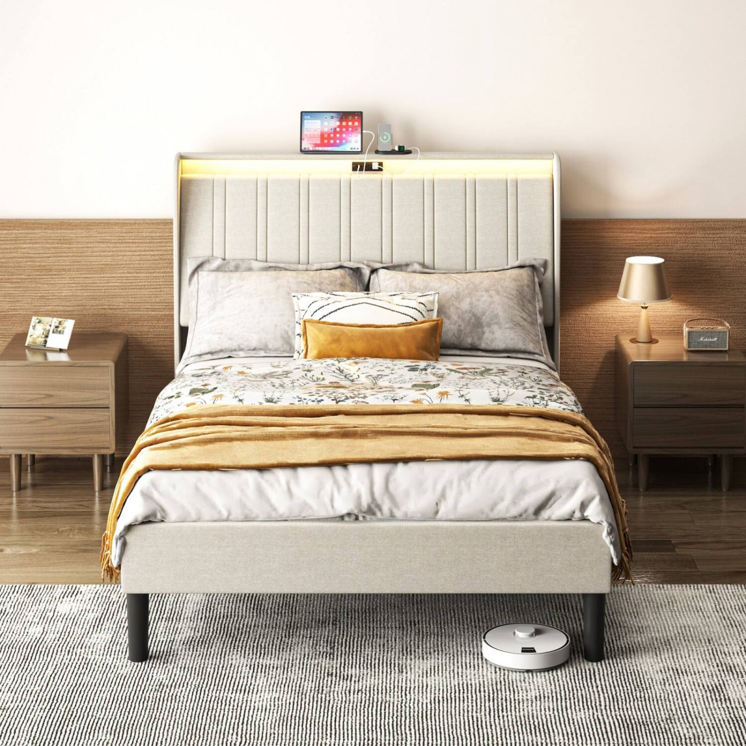 Alt View 10. Ecooso - Twin Size Platform Bed Frame with Fabric Upholstered Headboard and Wooden Slats Support - Gray.
