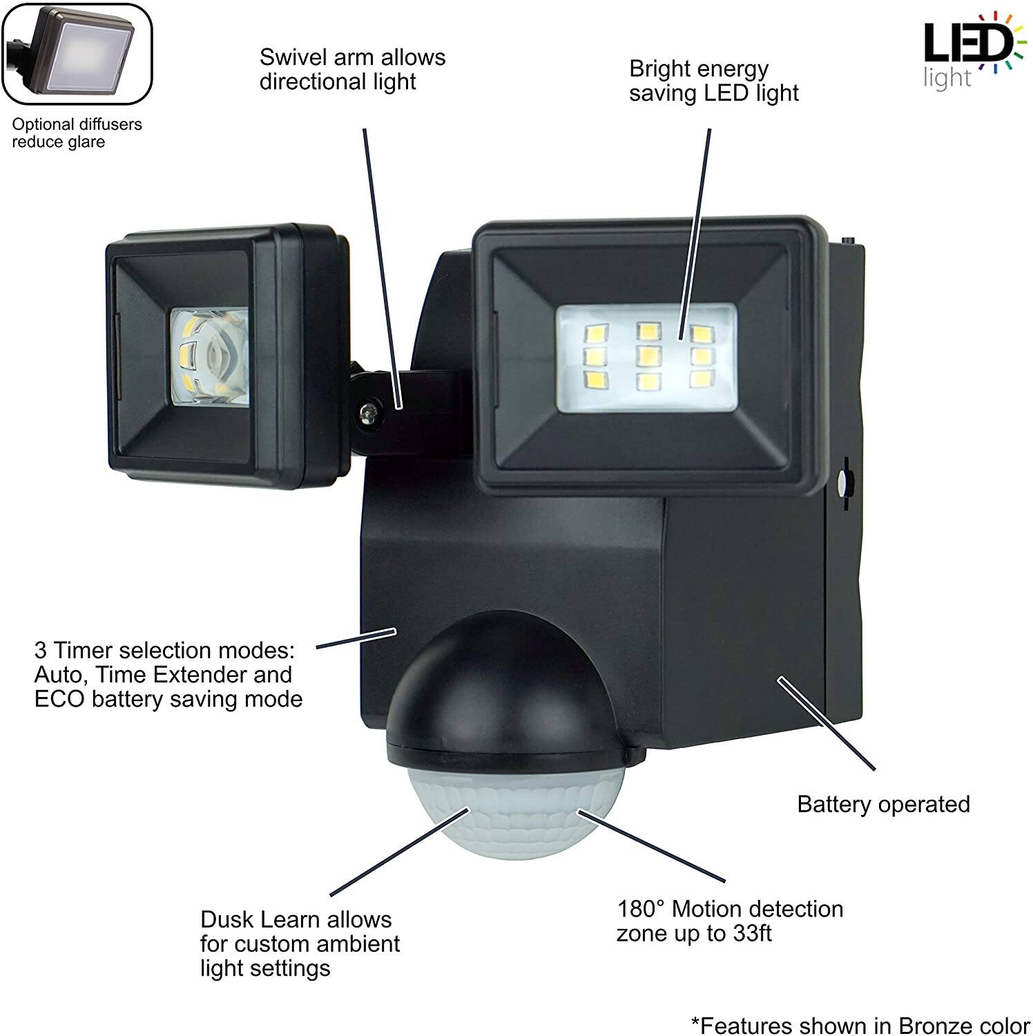 - Optional diffusers reduce glare
- Swivel arm allows directional light
- Bright energy saving LED light
- 3 Timer selection modes: Auto, Time Extender and ECO battery saving mode
- Dusk Learn allows for custom ambient light settings
- 180° Motion detection zone up to 33ft
- Battery operated
- *Features shown in Bronze color