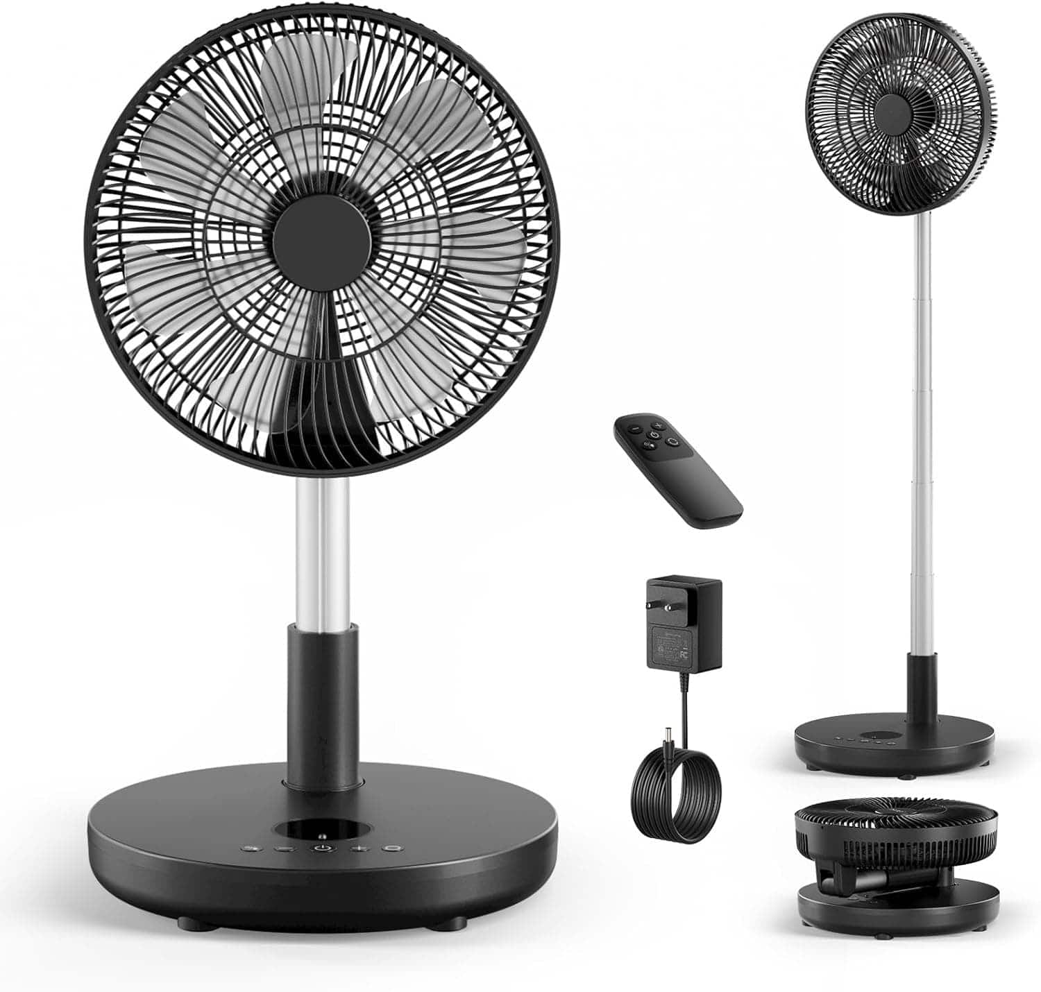 FINEAK - 12" Foldable Rechargeable Pedestal Fan - 12000mAh 6-Speed Remote Timer (Black)