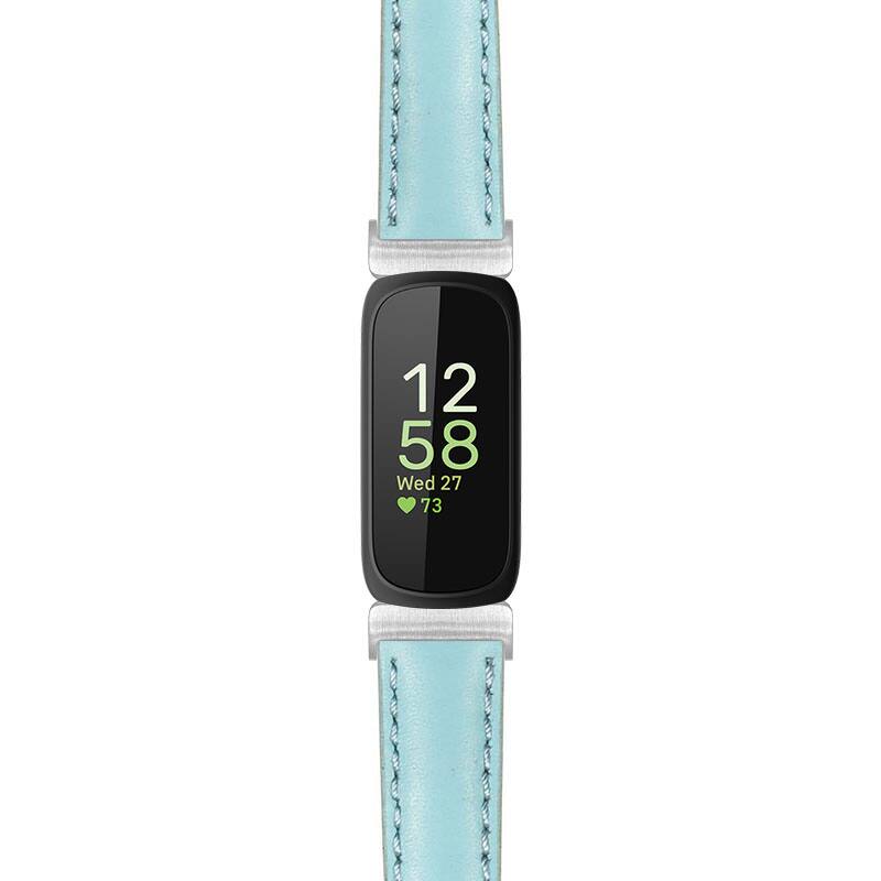 Front. StrapsCo - Everyday Leather Watch Band Strap For Fitbit Inspire 3 (Extra Short) - Light Blue (Silver Hardware).