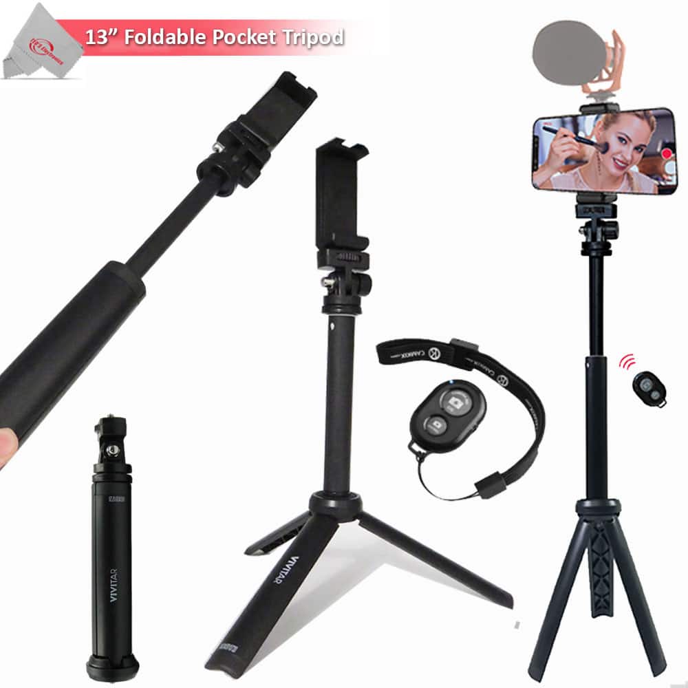 Vivitar - 13 Inch Foldable Pocket Tripod with Wireless Remote and Smart Phone Bracket - Black