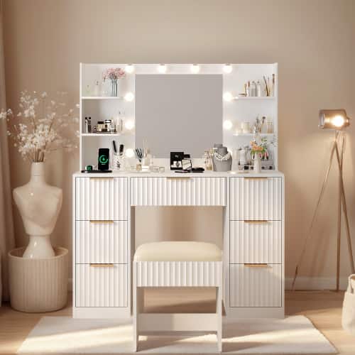 Winado - Fluted Makeup Vanity Set with Lighted Mirror & Charging Station, Dressing Table w/ 7 Drawers for Femal Gift - White