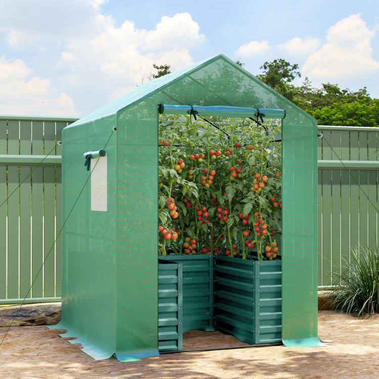 Alt View 2. PULUZ - Greenhouse with Raised Garden Bed, Galvanized Steel Outdoor Greenhouse with Roll Up Door - Green.