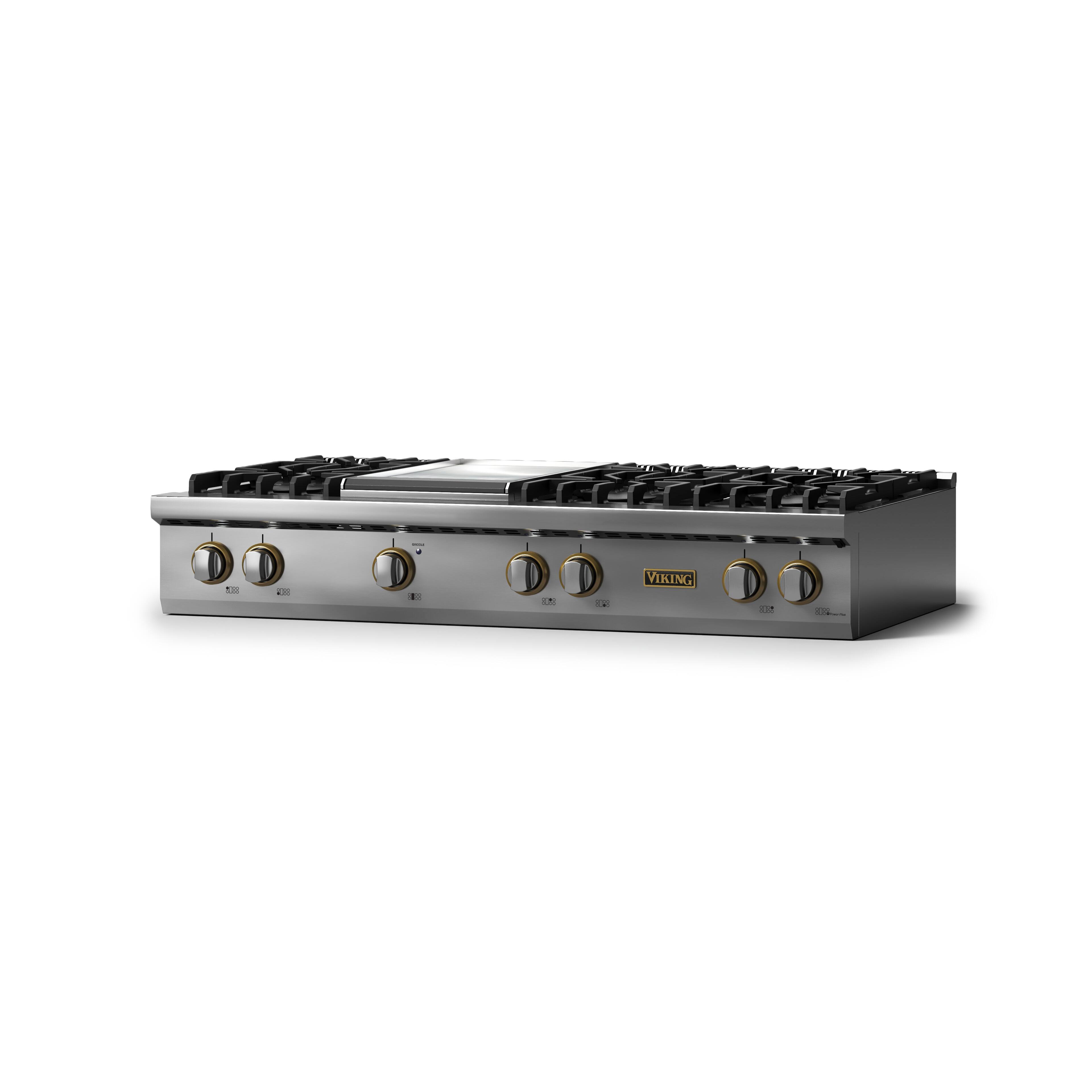 Angle. Viking - 48"W. Pro5S 6 Burner Built-in Gas Sealed Burner Rangetop-LP-Stainless Steel/Brushed Brass - Stainless Steel.