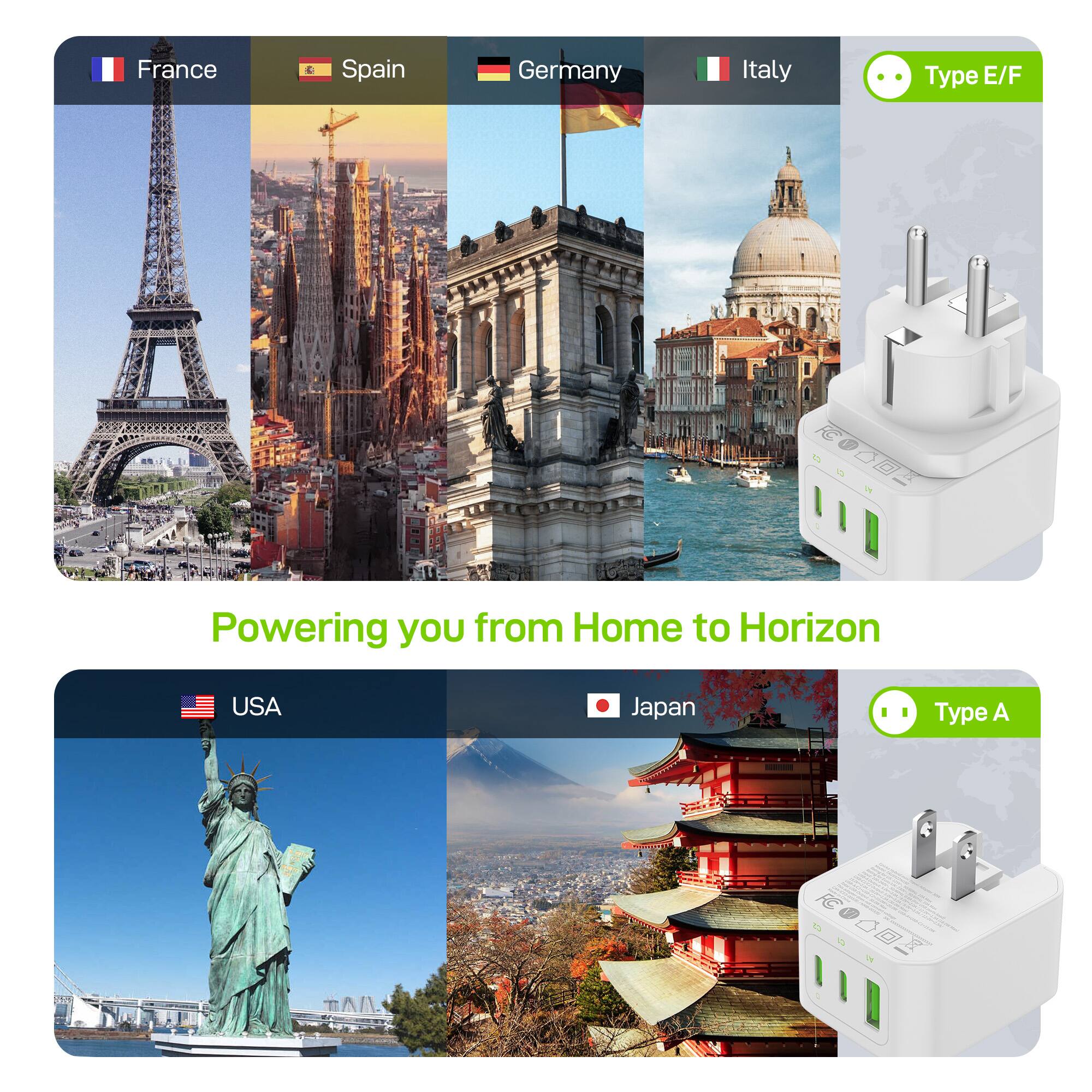 France Spain Germany Italy  
Type E/F  

Powering you from Home to Horizon  

USA Japan  
Type A