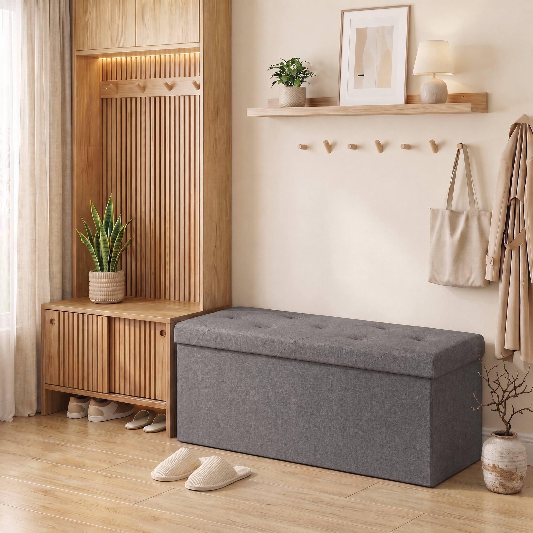 Alt View 2. Sweetcrispy - 43-in Foldable Storage Bench, Bedside Ottoman with Storage and Cushioned Seat, Linen Fabric Foot Rest Stool - Gray.