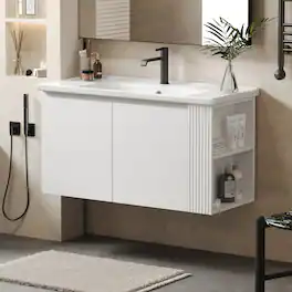 Boyel Living - 36 Inch Modern Wall Mounted Bathroom Vanity with Ceramic Sink Floating Design Soft Close Doors Open Shelves - White