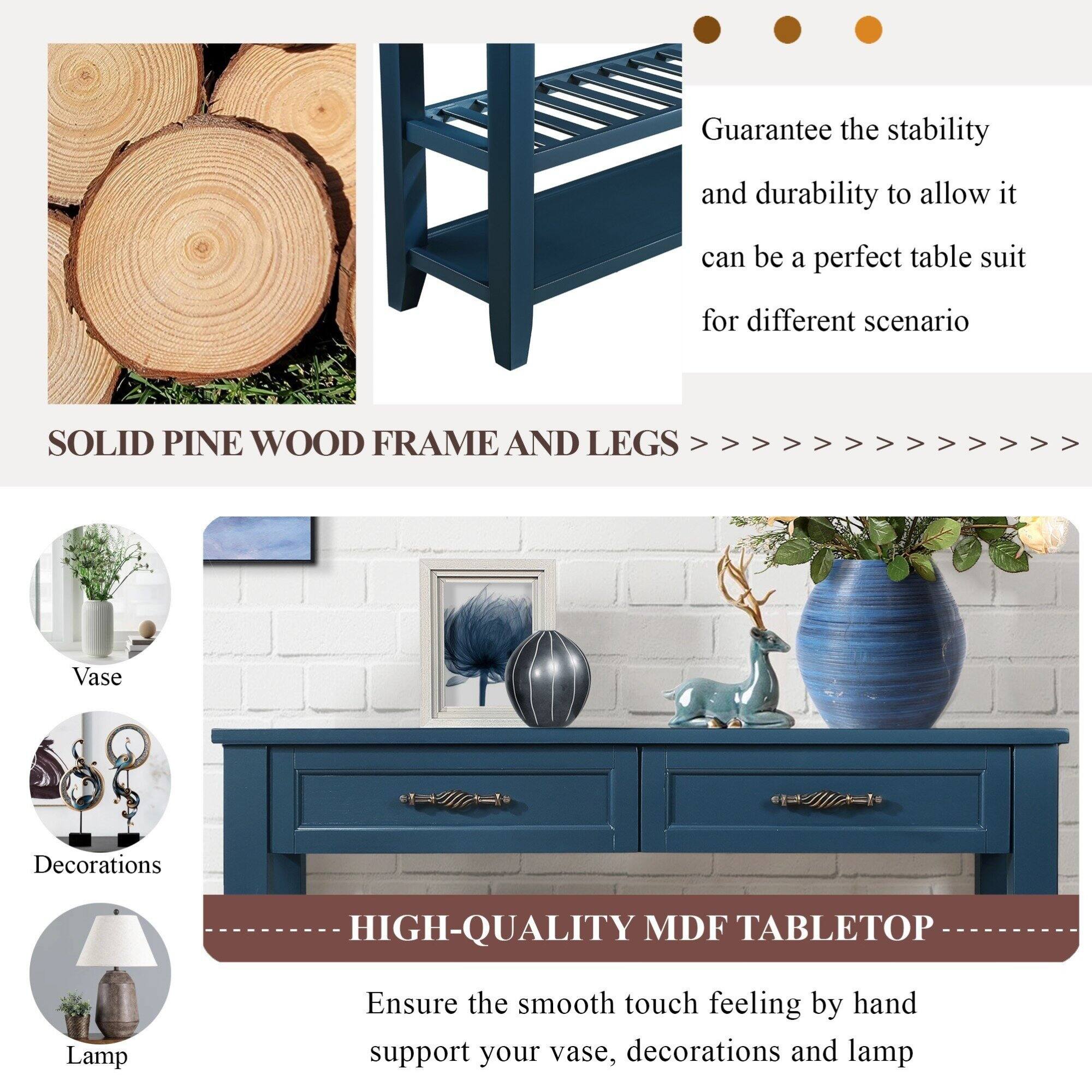 Sure, here is the corrected and grouped text:

---

**SOLID PINE WOOD FRAME AND LEGS**

Guarantee the stability and durability to allow it can be a perfect table suit for different scenario

---

**HIGH-QUALITY MDF TABLETOP**

Ensure the smooth touch feeling by hand support your vase, decorations and lamp

---

**Vase**

**Decorations**

**Lamp**