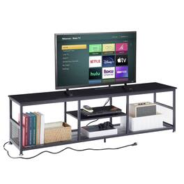 Vecelo - Industrial TV Stand with Power Outlets and USB Ports – Modern Open Shelf Media Console Table for Living Room - 63" Black With Socket