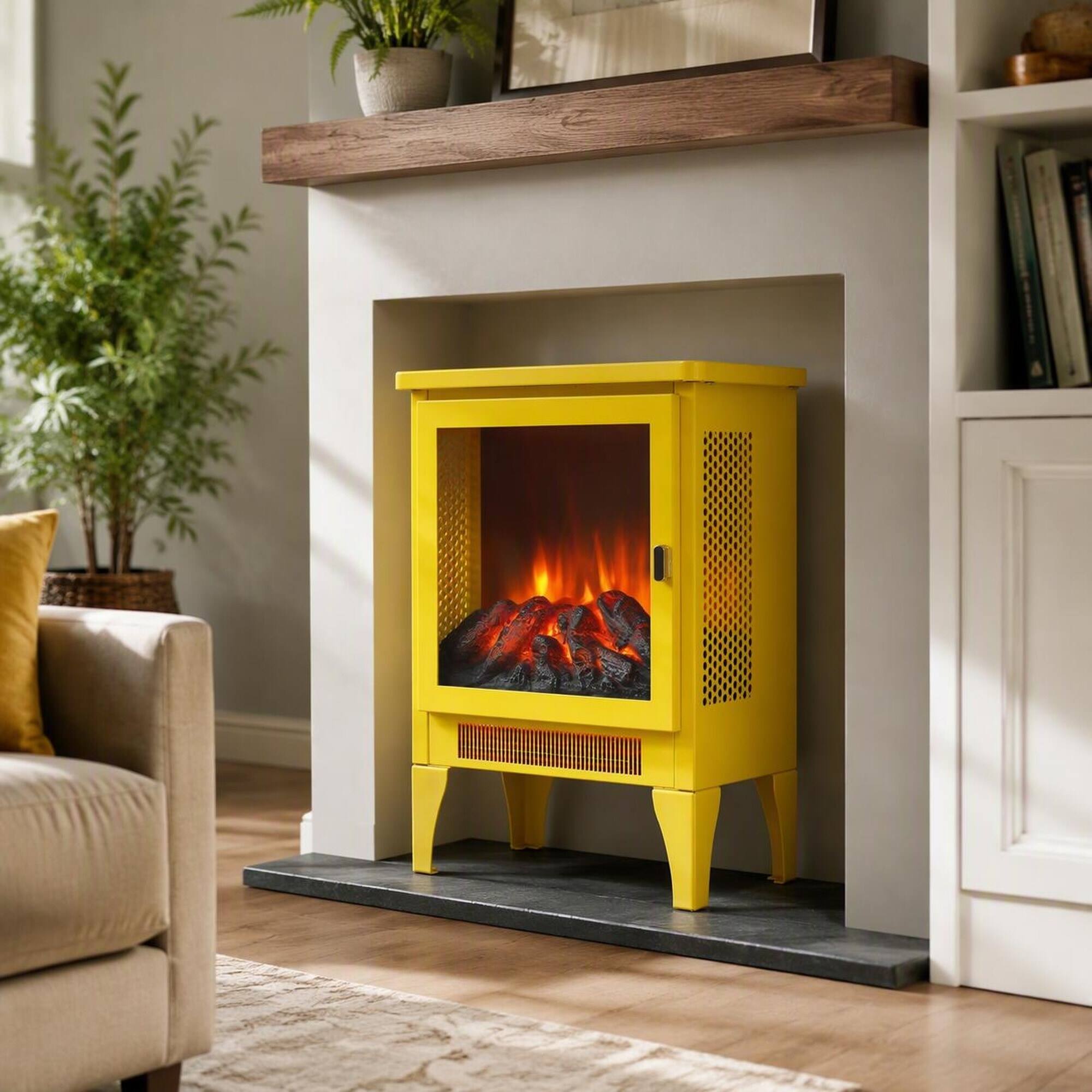 RYHNUYNE - 18 Inch Lemon Yellow Freestanding Electric Fireplace Stove Heater, 3D Realistic Flame Effect For Home Decor - Bright yellow