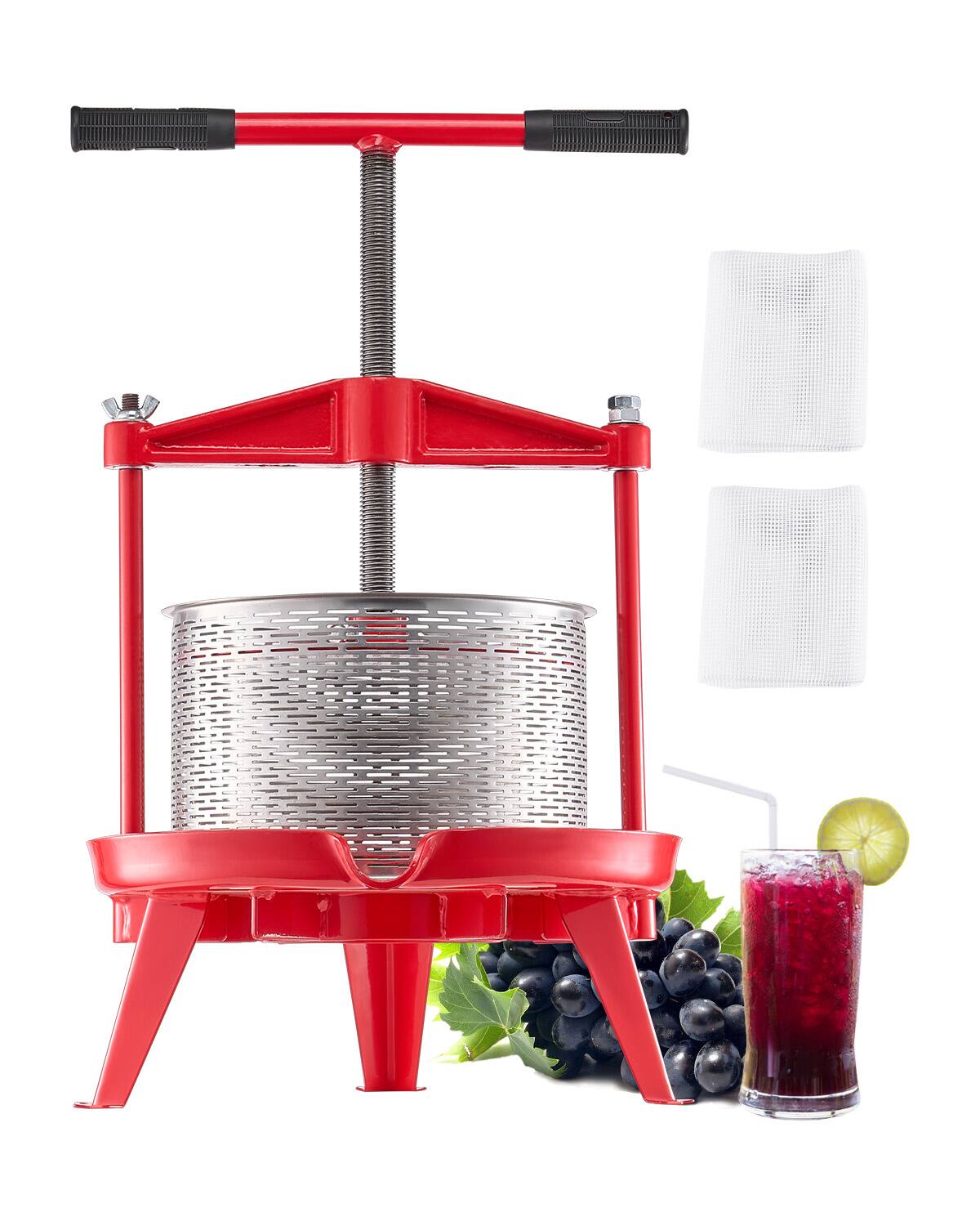 Front. VEVOR - 2.38 Gal/9L Fruit Wine Press, Stainless Steel Basket with Cross-beam and Triangular Structure, Manual Juice Maker - Red.