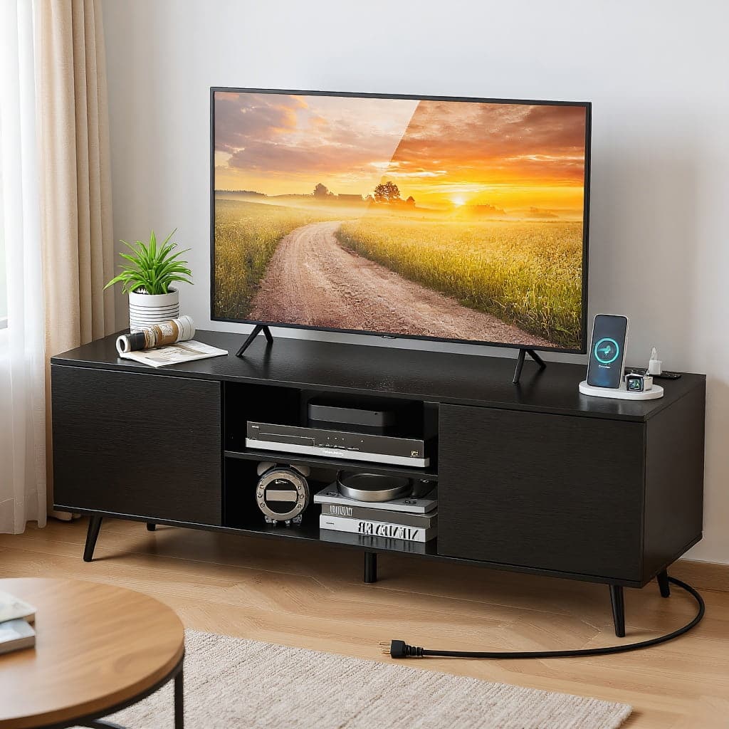 Kadyn - Entertainment TV Stand,Entertainment CenterTV Stand with Power Outlets and Adjustable Shelf for 60 Inch TVs - Black