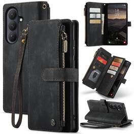 Dteck - For Samsung Galaxy S26+ Premium Leather Shockproof Purse Case with Credit Card Slots Zipper Pocket Cover + Wriststrap - Black