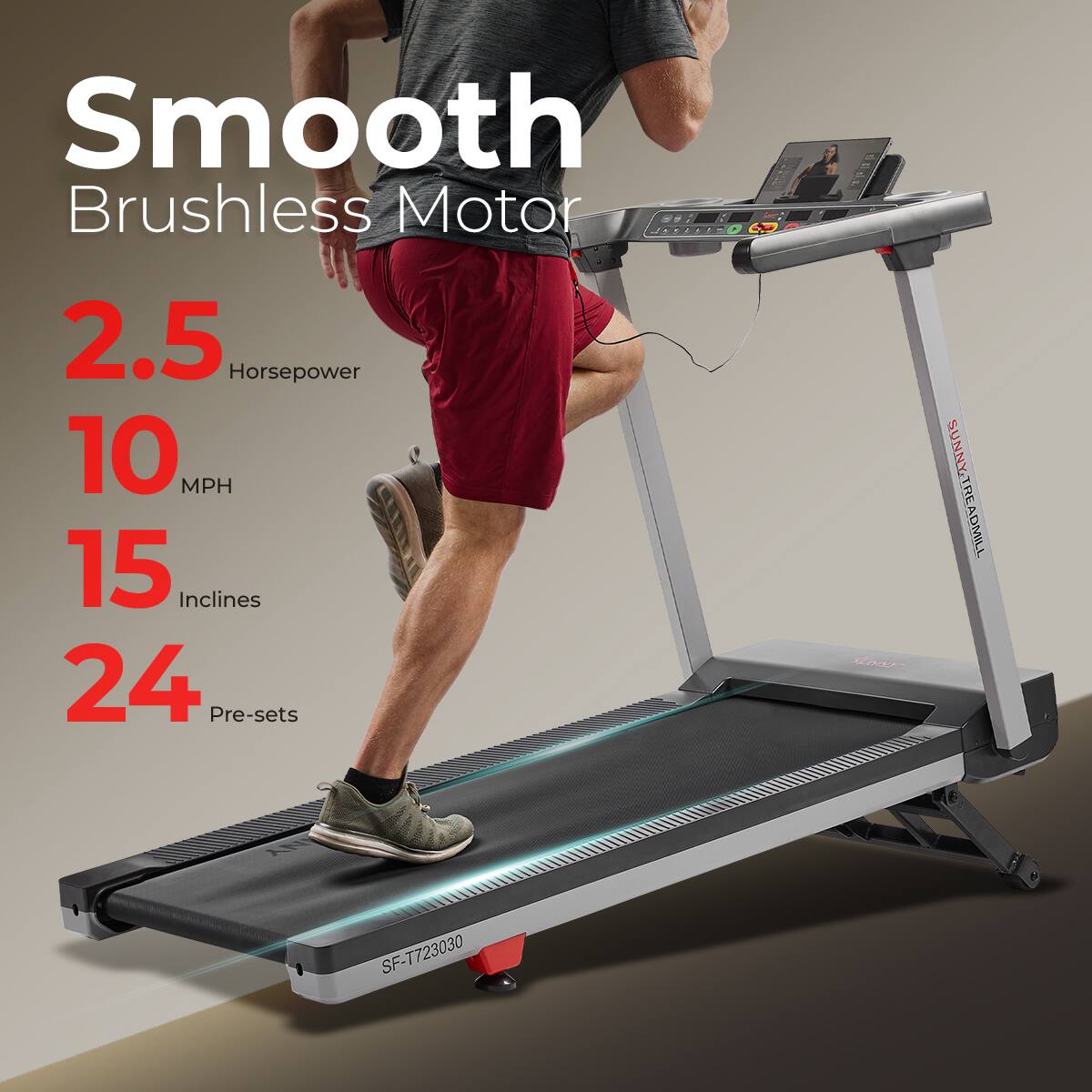 Smooth Brushless Motor, 2.5 Horsepower, 10 MPH, 15 Inclines, 24 Pre-sets, SUNNY TREADMILL ADMILL SF-T723030