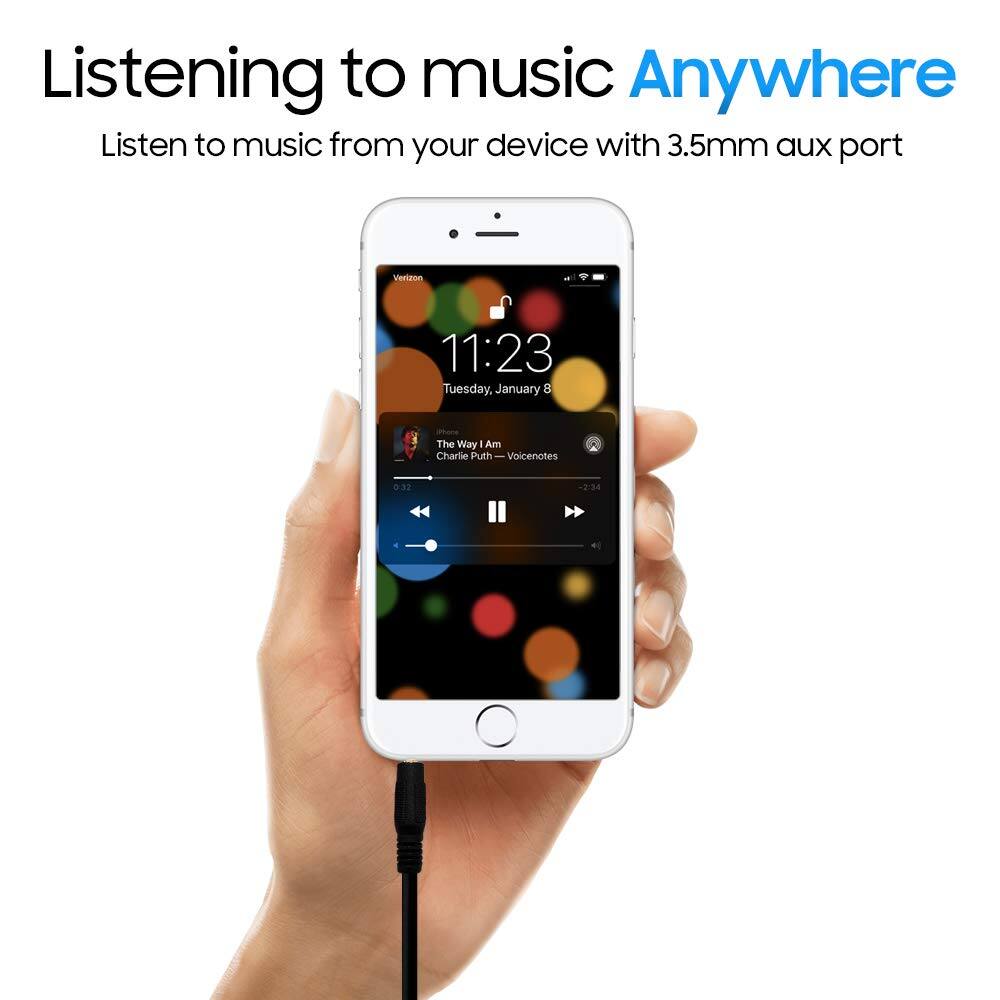 Listening to music Anywhere  
Listen to music from your device with 3.5mm aux port  

Verizon  
11:23  
Tuesday, January 8  

The Way I Am  
Charlie Puth  
Voicenotes  
0:32 / 2:34