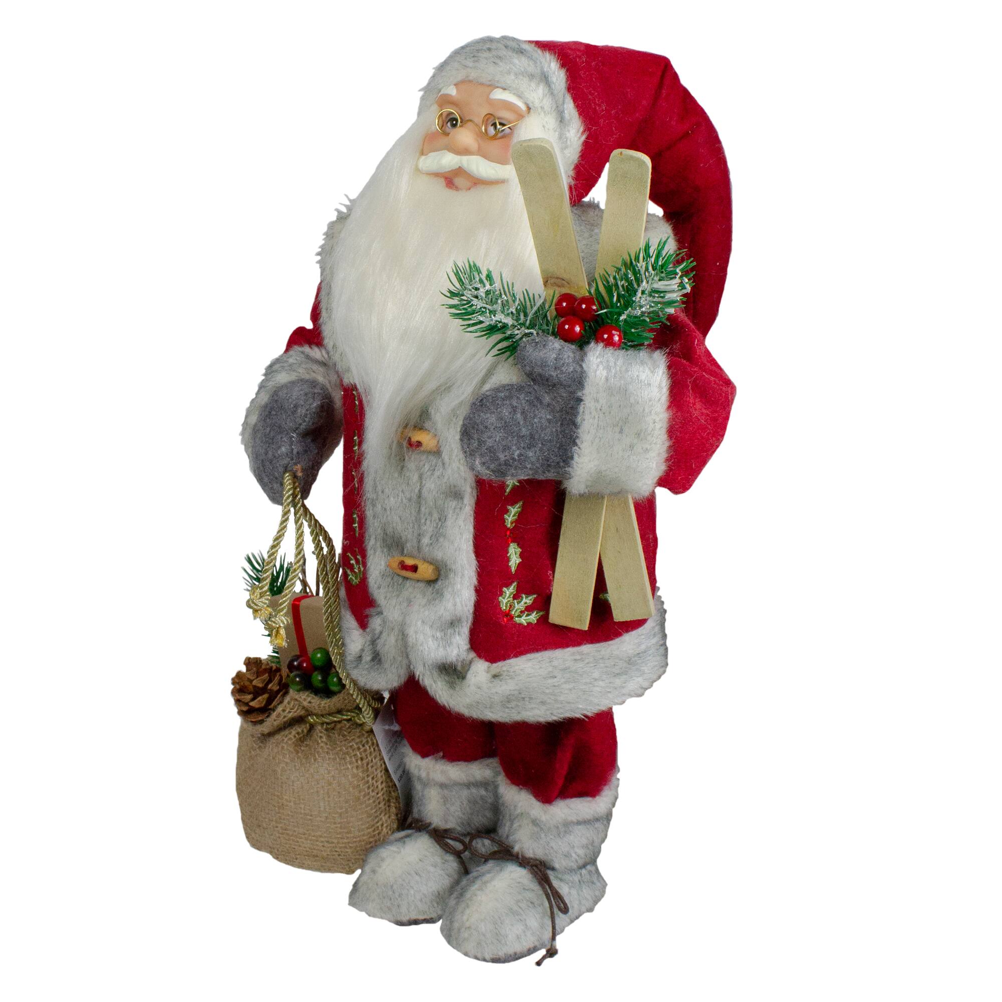 Alt View 2. Northlight - 18" Standing Santa Christmas Figure with Skis and Fur Boots - Red.