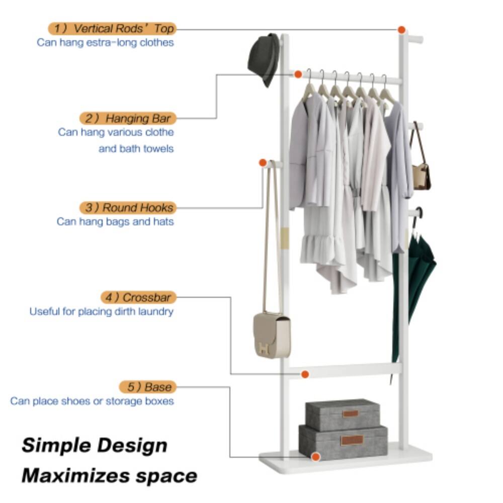 1) Vertical Rods' Top: Can hang extra-long clothes  
2) Hanging Bar: Can hang various clothes and bath towels  
3) Round Hooks: Can hang bags and hats  
4) Crossbar: Useful for placing dirty laundry  
5) Base: Can place shoes or storage boxes  

Simple Design Maximizes Space