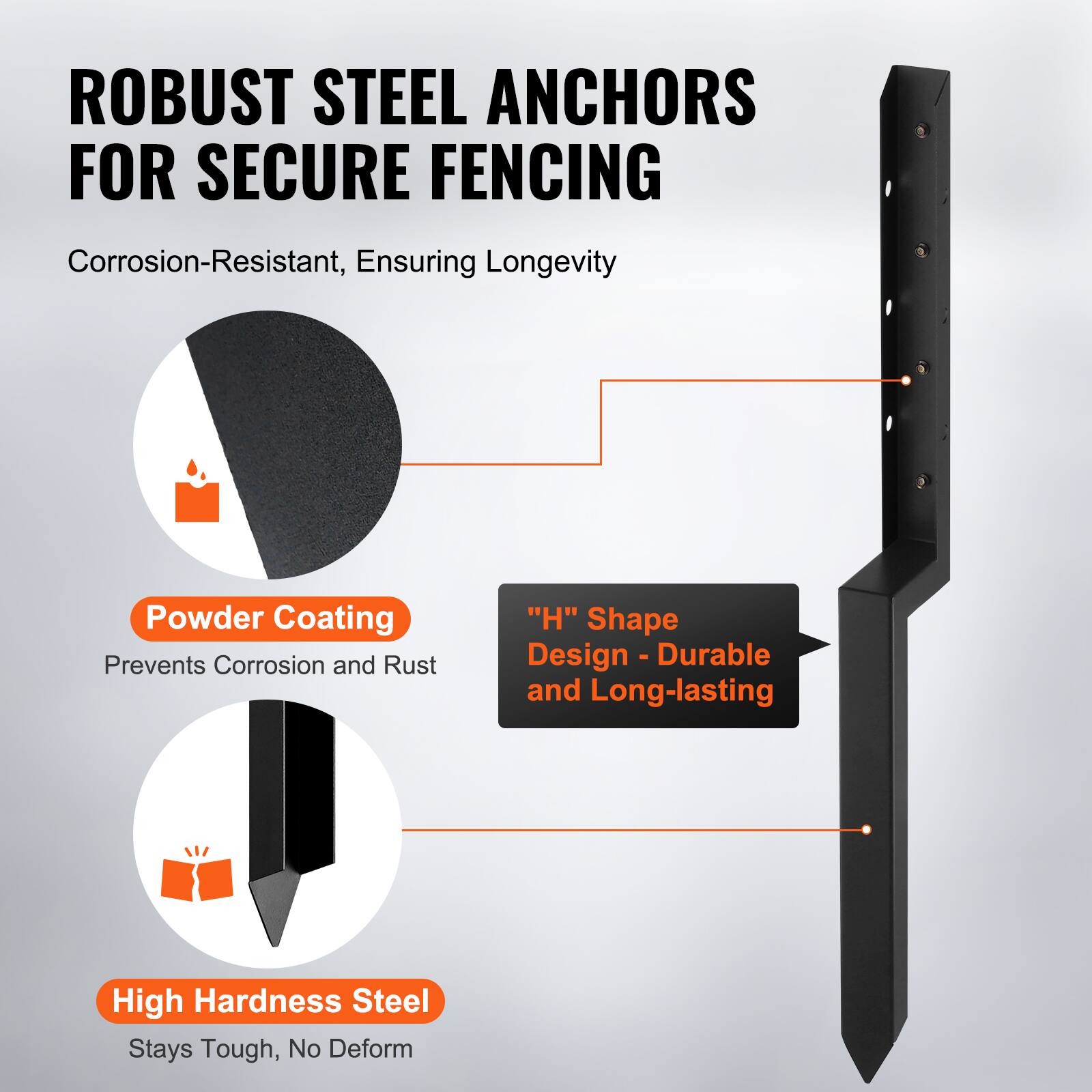 ROBUST STEEL ANCHORS FOR SECURE FENCING

Corrosion-Resistant, Ensuring Longevity

Powder Coating
Prevents Corrosion and Rust

"H" Shape Design - Durable and Long-lasting

High Hardness Steel
Stays Tough, No Deform