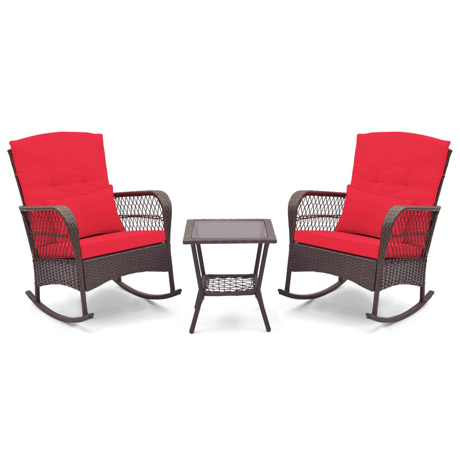 Alt View 9. Costway - 3 PCS Patio Rocker Set Outdoor Wicker Rocking Chairs with Double-Layer Coffee Table - Red.