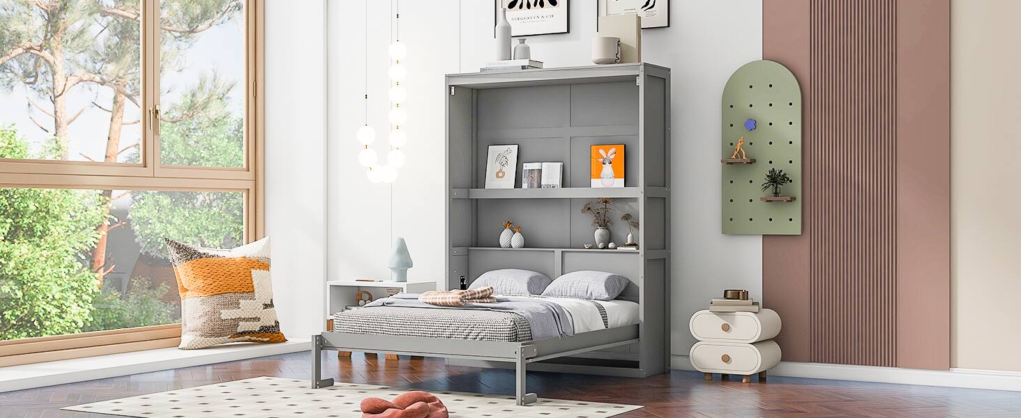 Alt View 10. Tiramisubest - Full Size Murphy Bed with Shelves, Gray, Solid Wood + MDF, Space-Saving - Gray.
