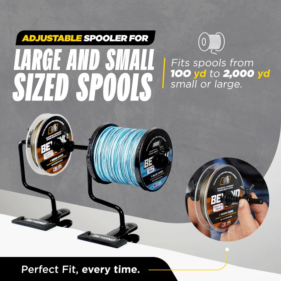 ADJUSTABLE SPOOLER FOR LARGE AND SMALL SIZED SPOOLS

Fits spools from 100 yd to 2,000 yd small or large.

Perfect Fit, every time.