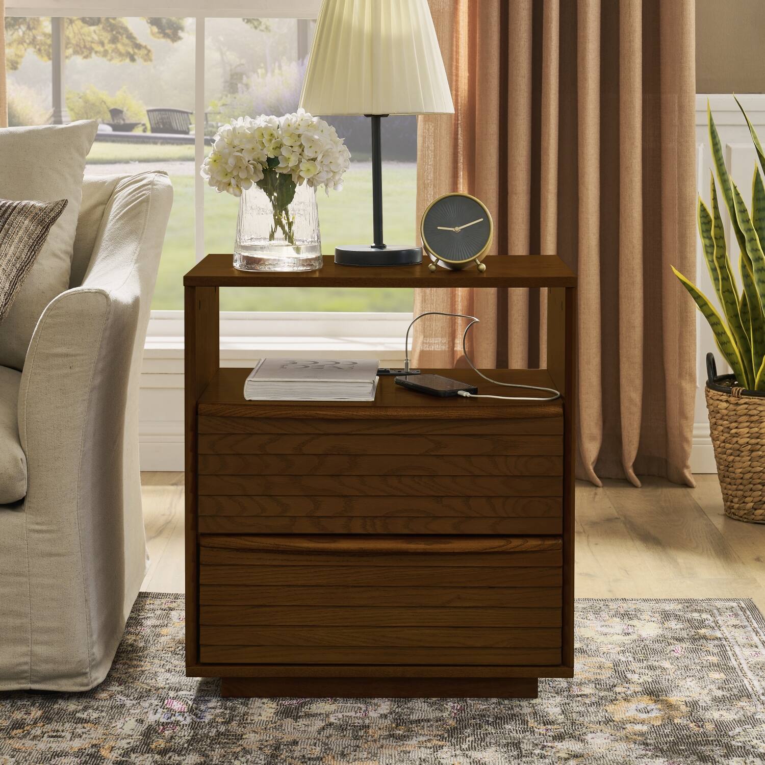 Front. Lirago - Nightstand with Charging Station 2 Solid Wood Drawers Open Shelf Walnut Brown 25.5"H x 22.75"W x 15.75"D - Walnut.