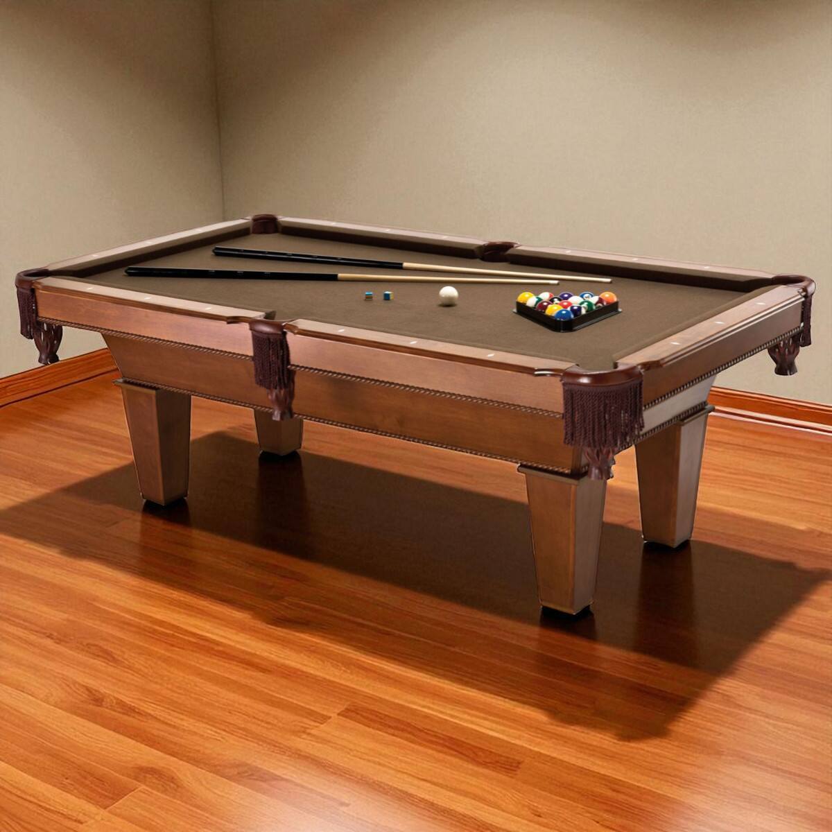 Angle. SlickBlue - 7Ft Brown Wool Cloth Pool Table with 2 Cues and Full Billiard Ball Set - Brown, White.