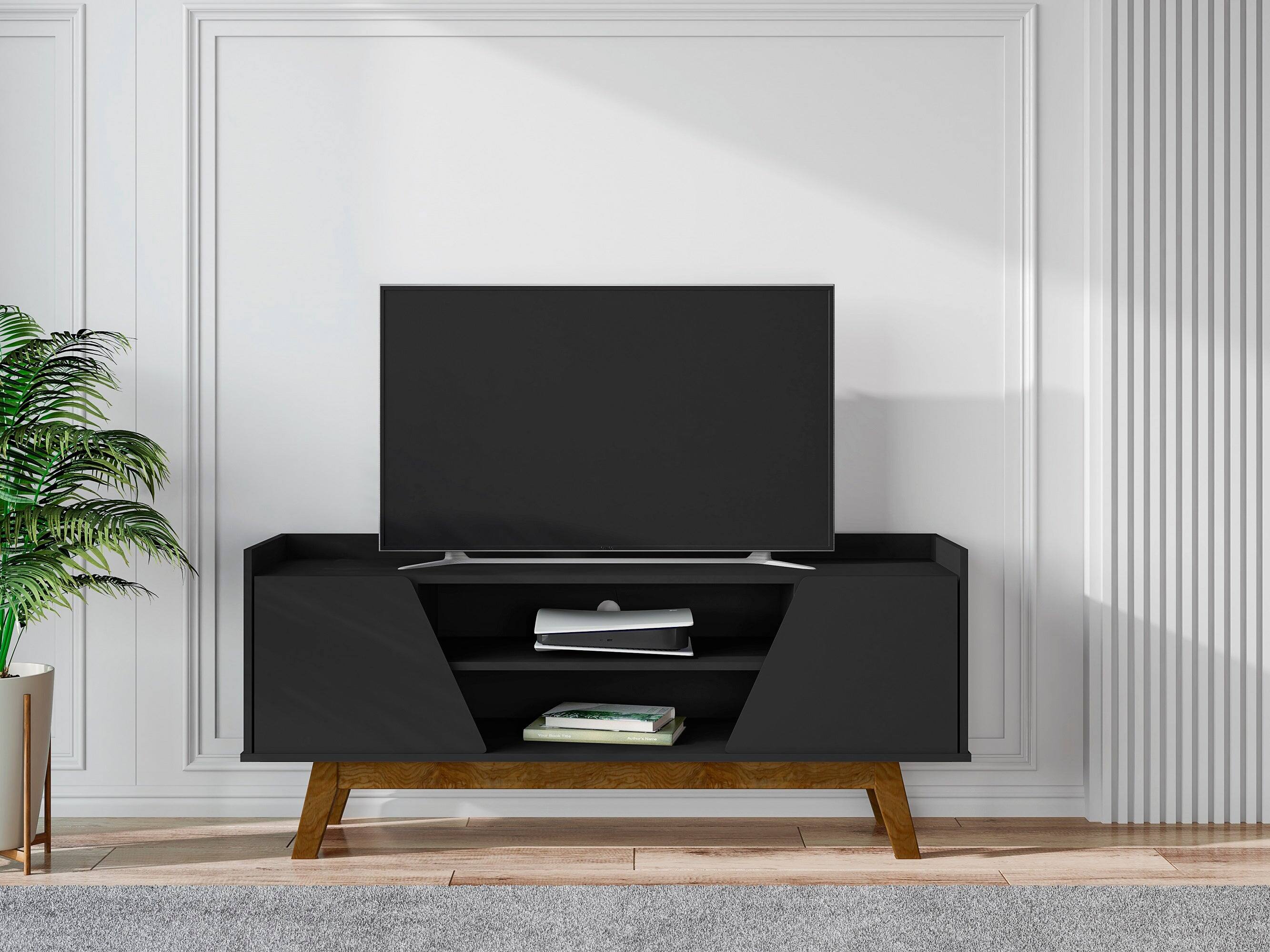 Left. Manhattan Comfort - Marcus Mid-Century Modern 53" TV Stand in Black - Black.