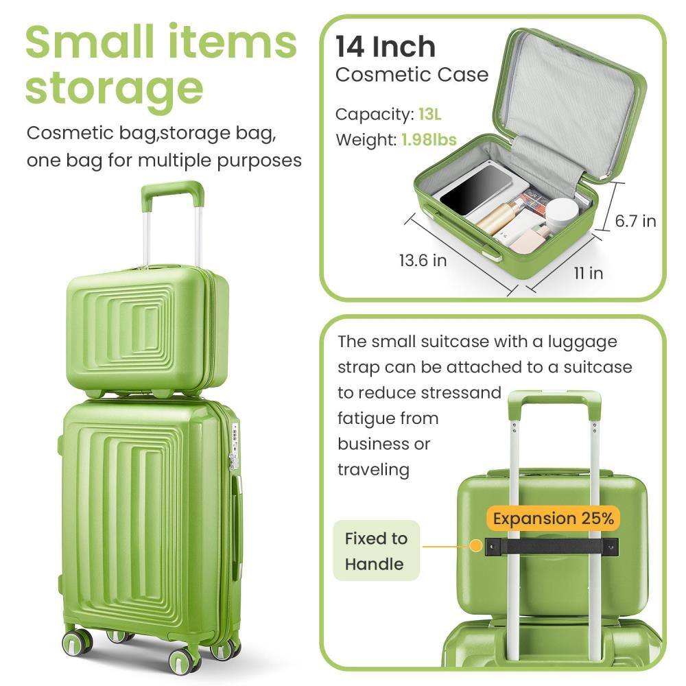 Small items storage  
Cosmetic bag, storage bag, one bag for multiple purposes  

14 Inch Cosmetic Case  
Capacity: 13L  
Weight: 1.98lbs  

The small suitcase with a luggage strap can be attached to a suitcase to reduce stress and fatigue from business or traveling  

Fixed to Handle  
Expansion 25%
