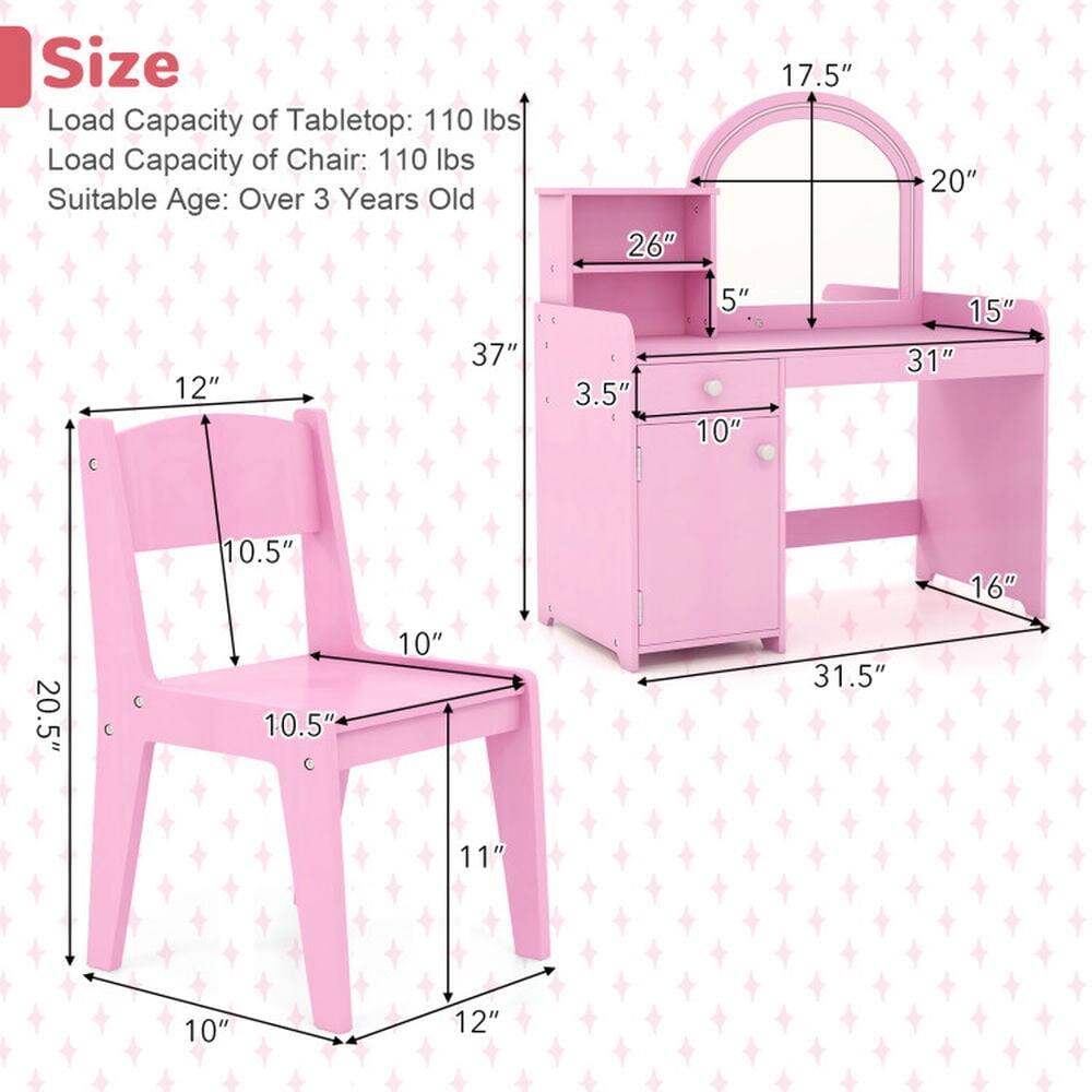 Size  
Load Capacity of Tabletop: 110 lbs  
Load Capacity of Chair: 110 lbs  
Suitable Age: Over 3 Years Old  

- Tabletop: 26" x 17.5" x 37"  
- Chair: 12" x 10.5" x 20.5"  
- Other dimensions: 20", 15", 31", 3.5", 5", 10", 10.5", 10", 31.5", 11", 10", 12"