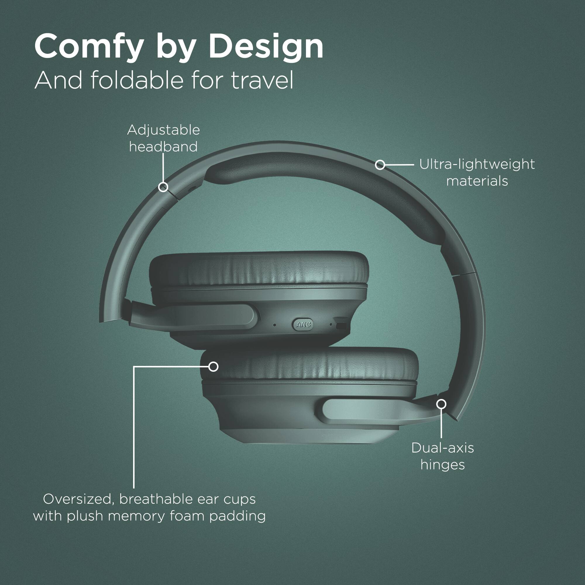 Comfy by Design  
And foldable for travel  

Adjustable headband  
Ultra-lightweight materials  
Dual-axis hinges  
Oversized, breathable ear cups with plush memory foam padding