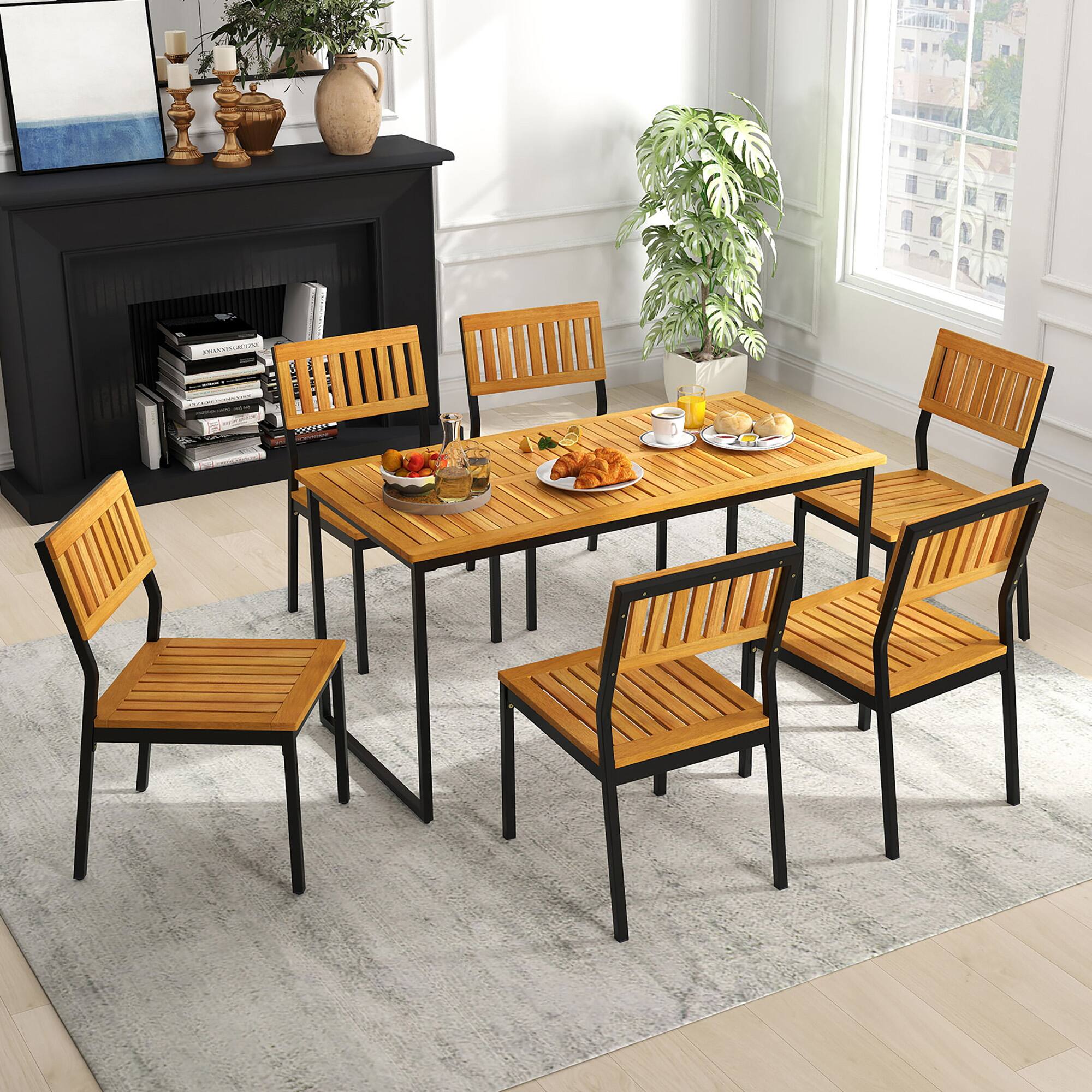 Alt View 3. Gymax - Gymax Dining Chair Set of 4 Modern Patio Chairs/Acacia Wood Backrest Slanted Seat - Natural, Black.