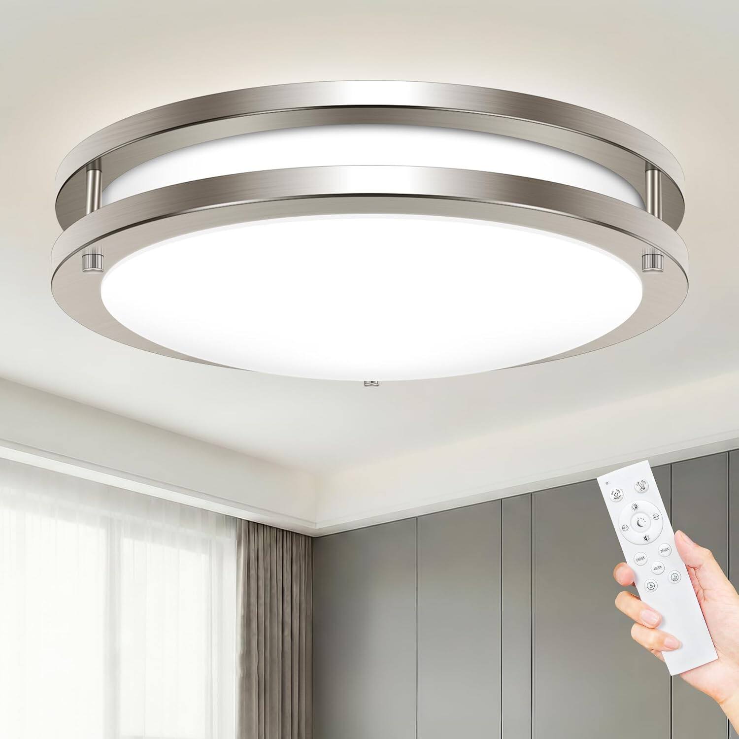 Front. Veranti - 13-Inch LED Ceiling Light with Remote Control, Adjustable White Light and Timer - Brushed Nickel.