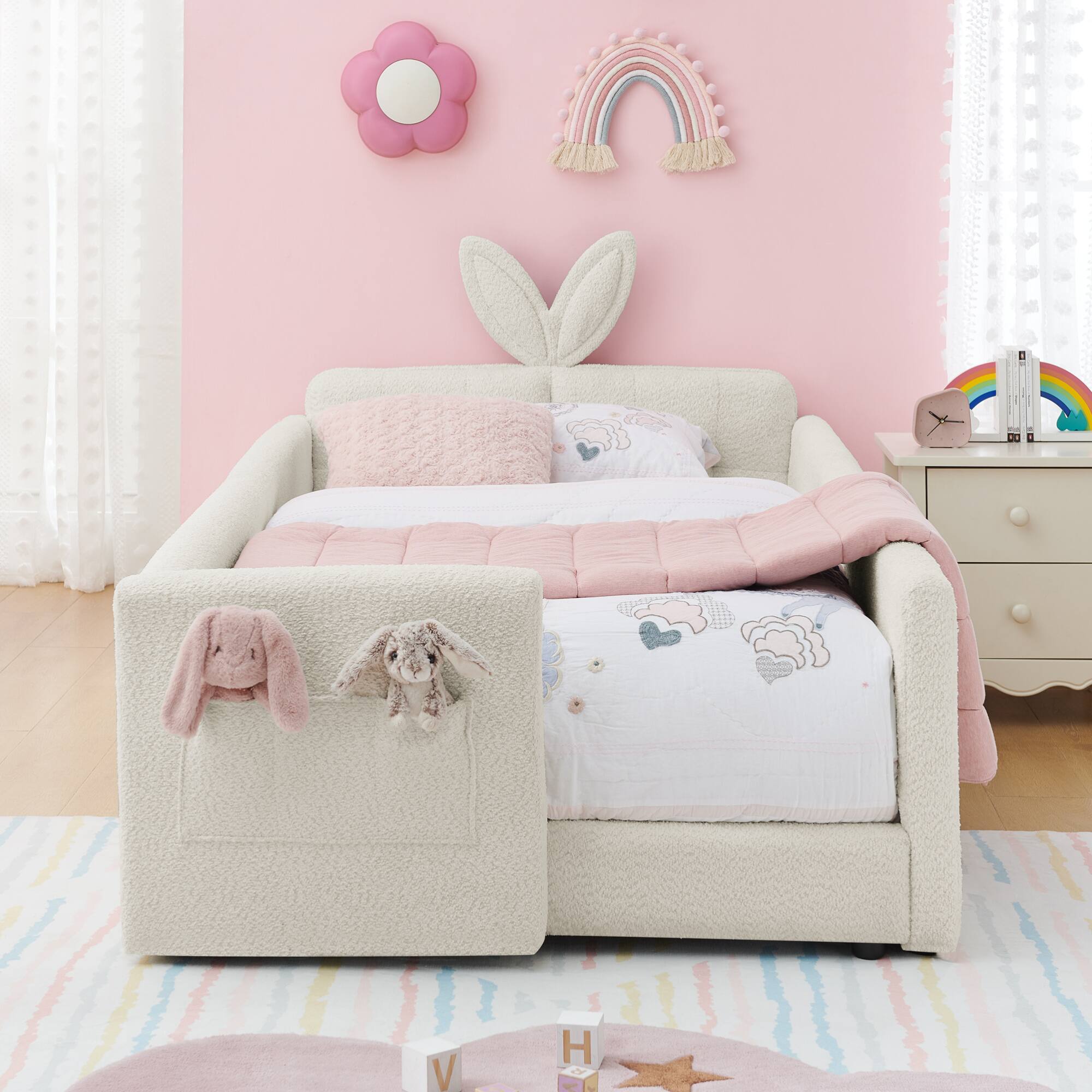 Alt View 4. GOODSILO - Twin Size Upholstered Platform Bed with Playful Bunny Ear Headboard and Safety Features in Soft Neutral Fabric - Beige.