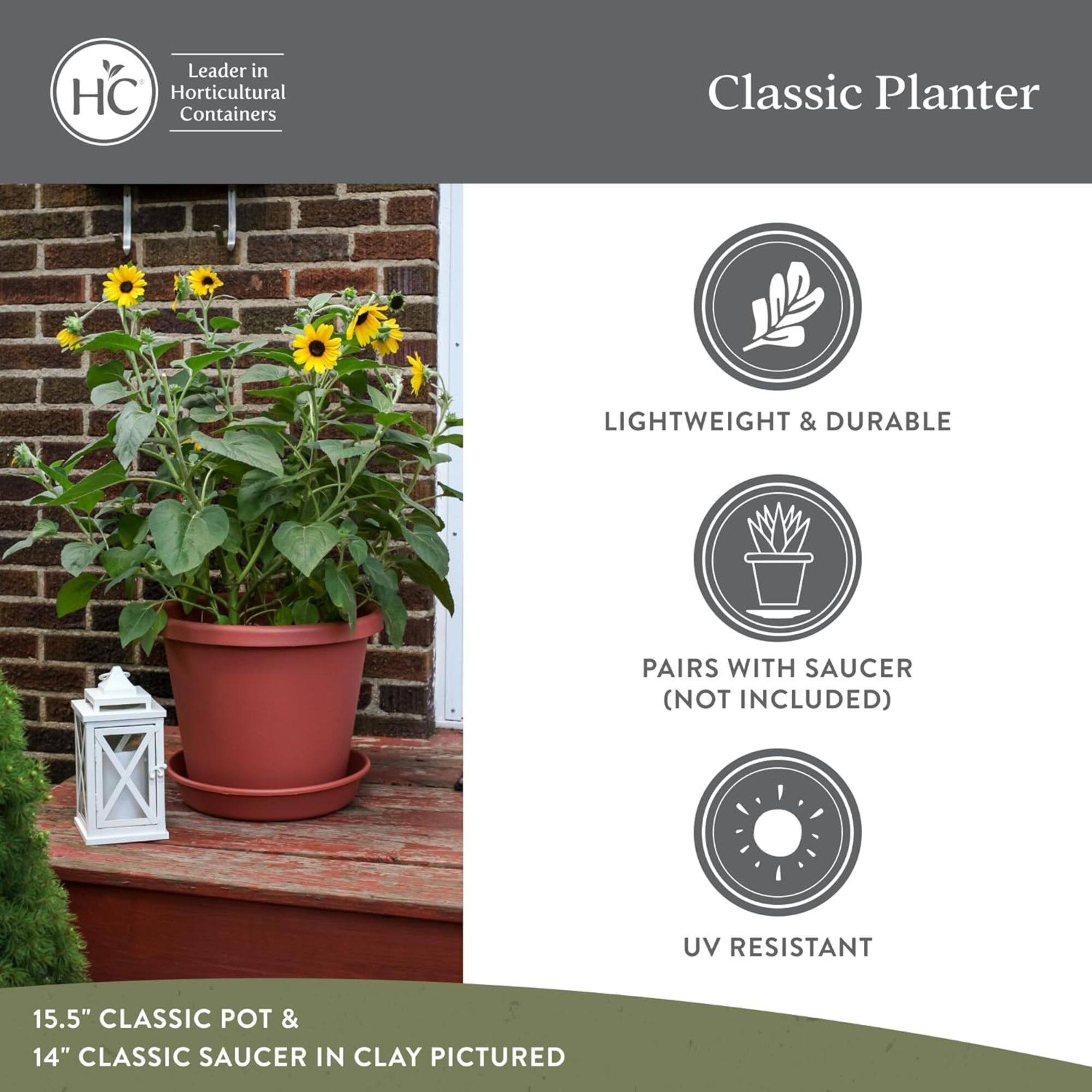 Leader in Horticultural Containers

Classic Planter

- LIGHTWEIGHT & DURABLE
- PAIRS WITH SAUCER (NOT INCLUDED)
- UV RESISTANT

15.5" CLASSIC POT & 14" CLASSIC SAUCER IN CLAY PICTURED