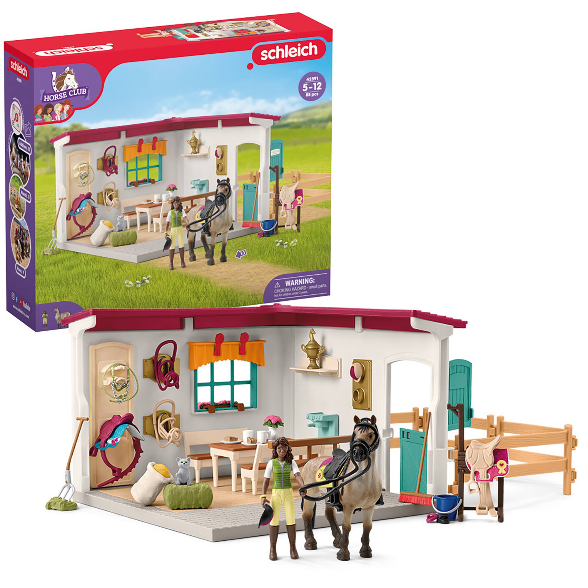 The image features a Schleich toy set, which includes a horse, a house, and a girl. The toy set is designed for children aged 5-12 and is made of plastic. The horse is positioned in front of the house, and the girl is standing next to the horse. The toy set is a part of the Schleich Horse Club collection.
